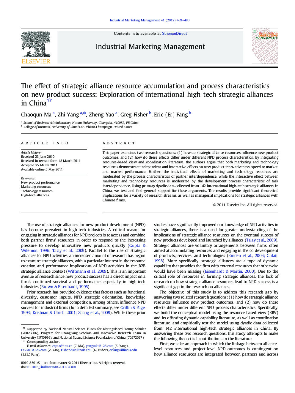 The effect of strategic alliance resource accumulation and process characteristics on new product success: Exploration of international high-tech strategic alliances in China 