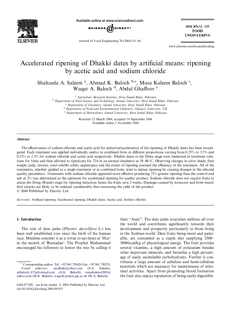 Accelerated ripening of Dhakki dates by artificial means: ripening by acetic acid and sodium chloride