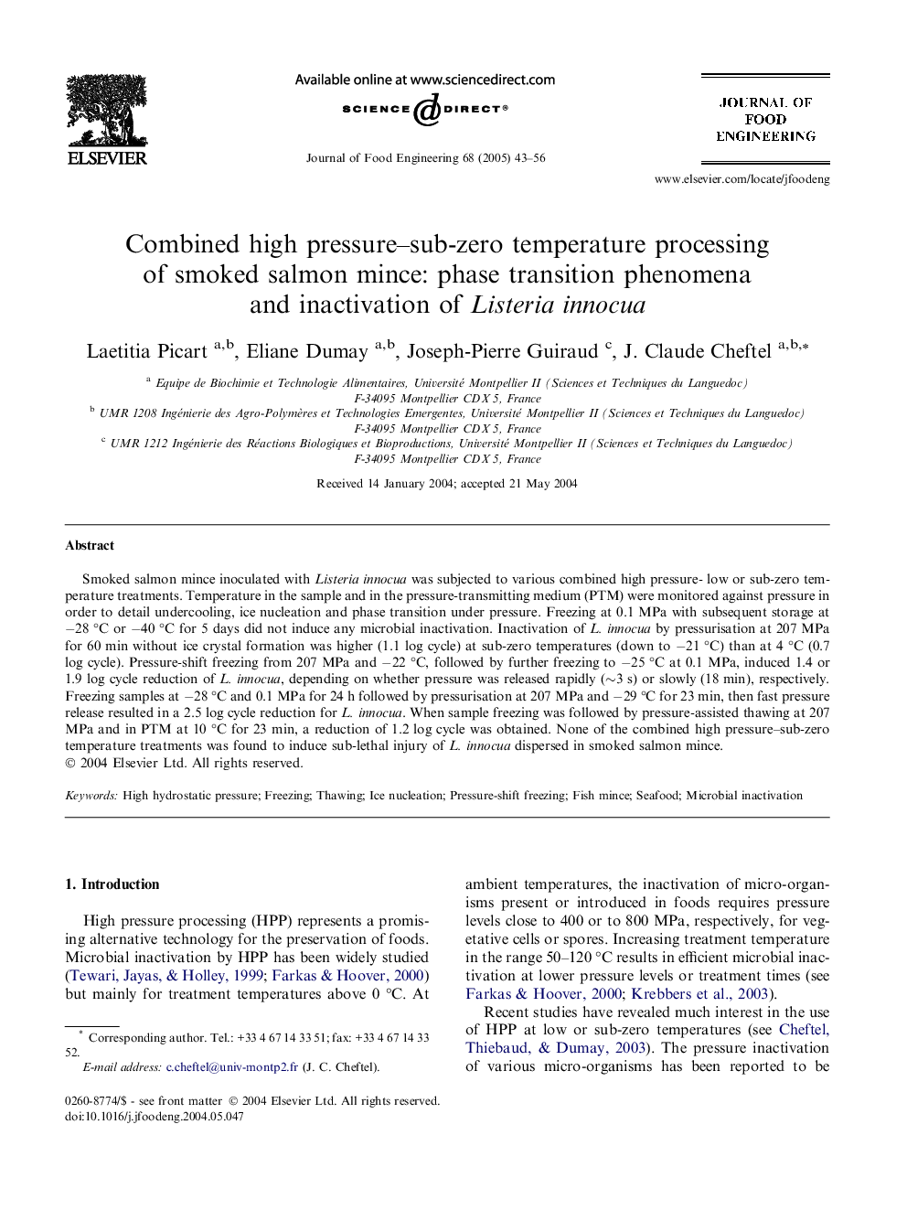 Combined high pressure-sub-zero temperature processing of smoked salmon mince: phase transition phenomena and inactivation of Listeria innocua