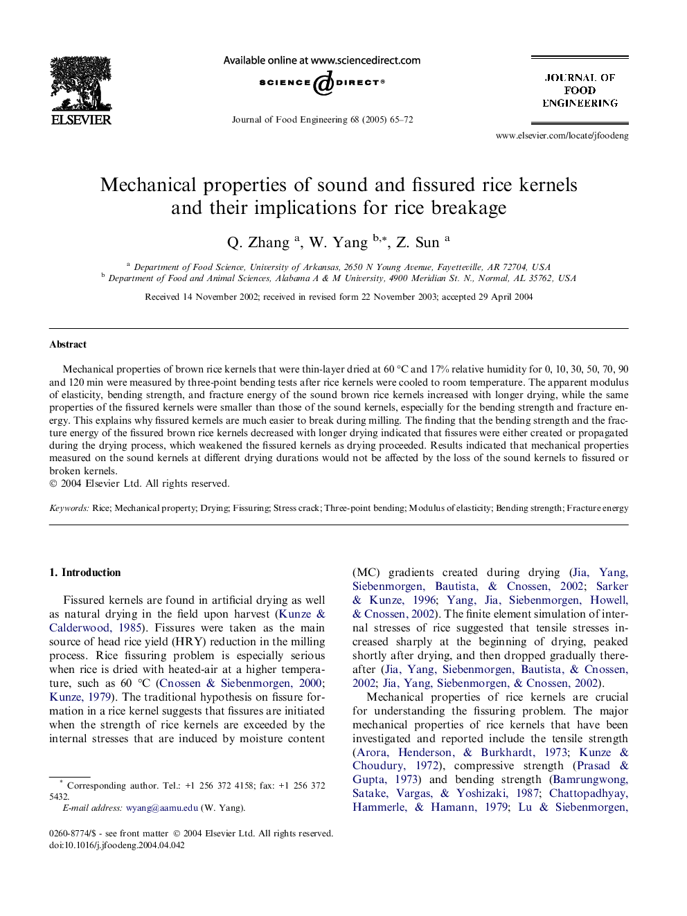 Mechanical properties of sound and fissured rice kernels and their implications for rice breakage