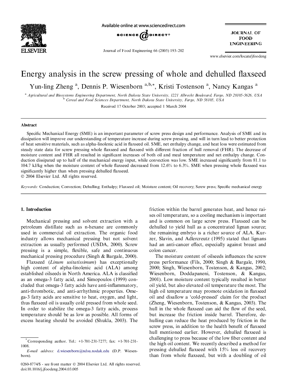 Energy analysis in the screw pressing of whole and dehulled flaxseed