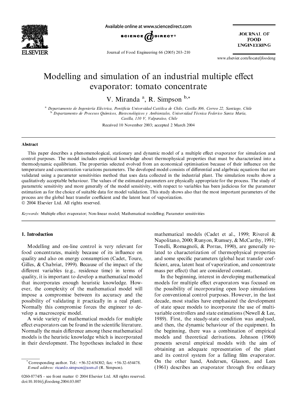 Modelling and simulation of an industrial multiple effect evaporator: tomato concentrate