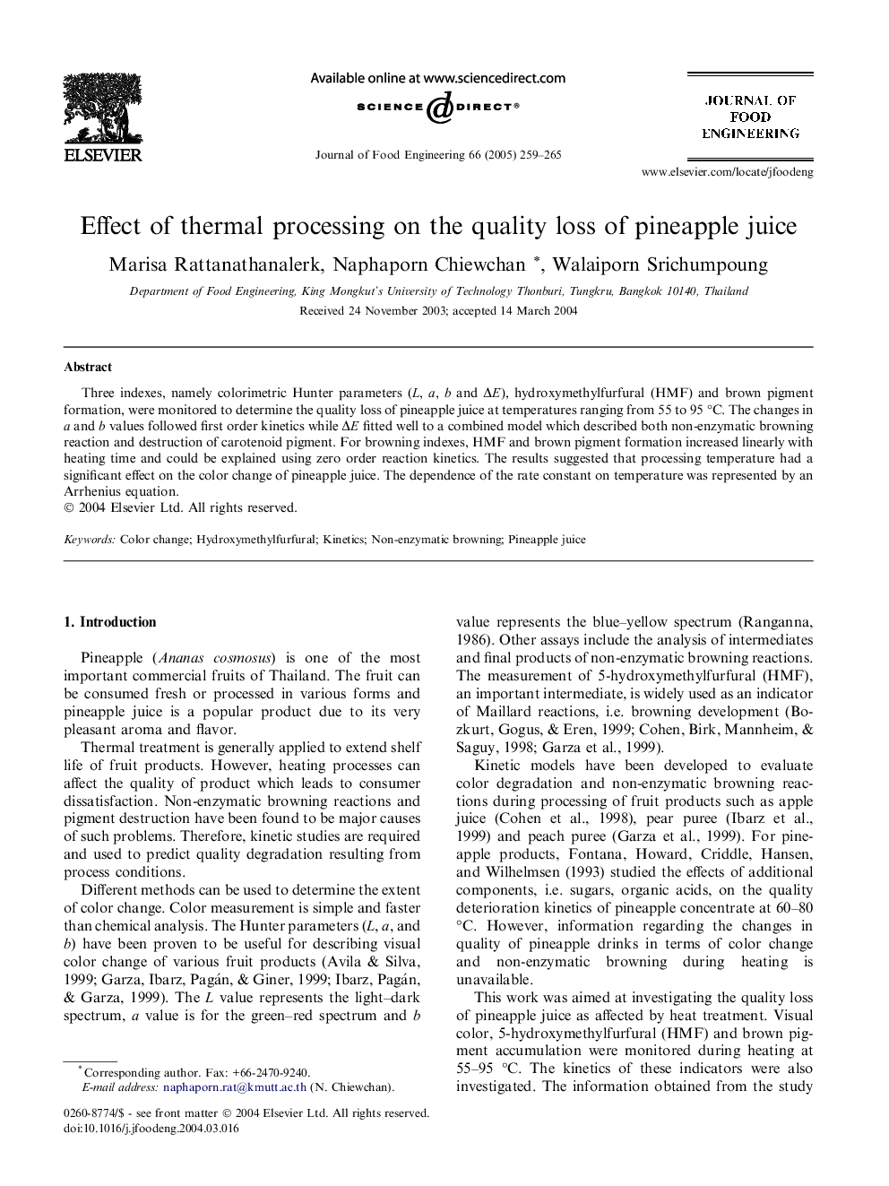 Effect of thermal processing on the quality loss of pineapple juice