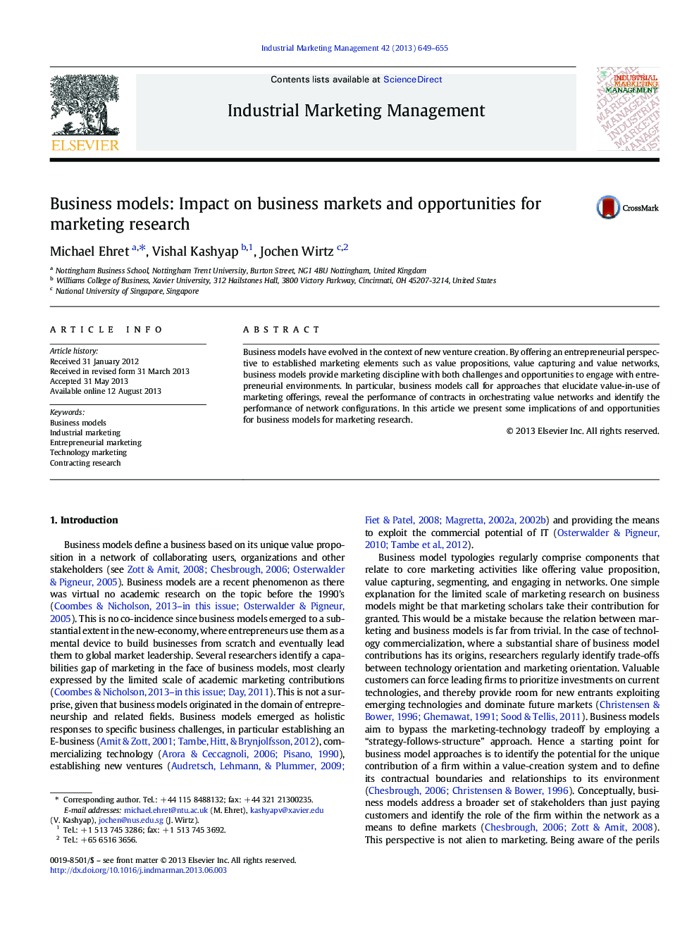 Business models: Impact on business markets and opportunities for marketing research