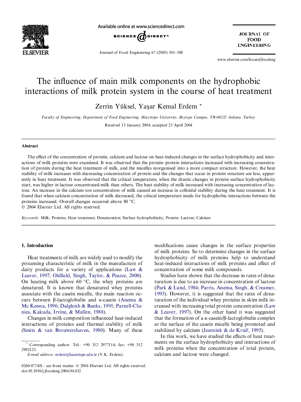 The influence of main milk components on the hydrophobic interactions of milk protein system in the course of heat treatment