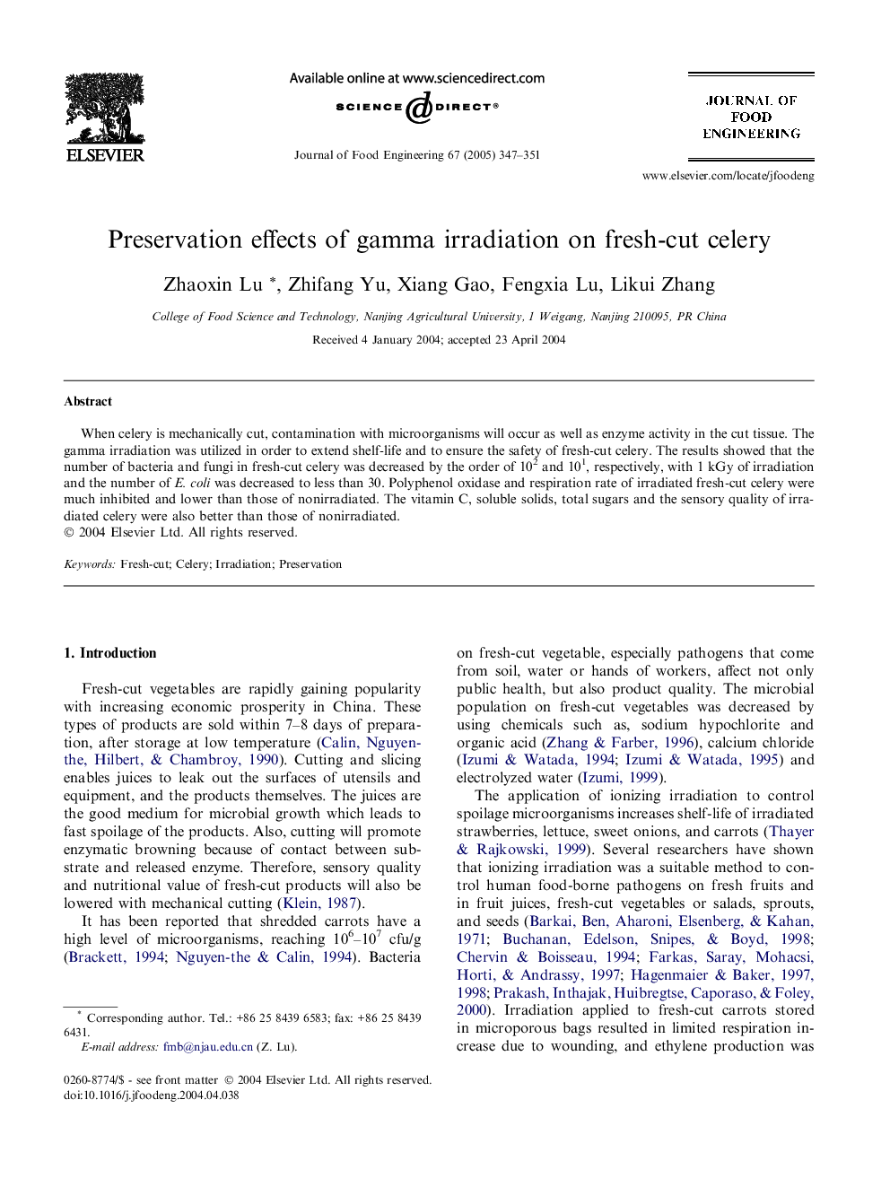 Preservation effects of gamma irradiation on fresh-cut celery