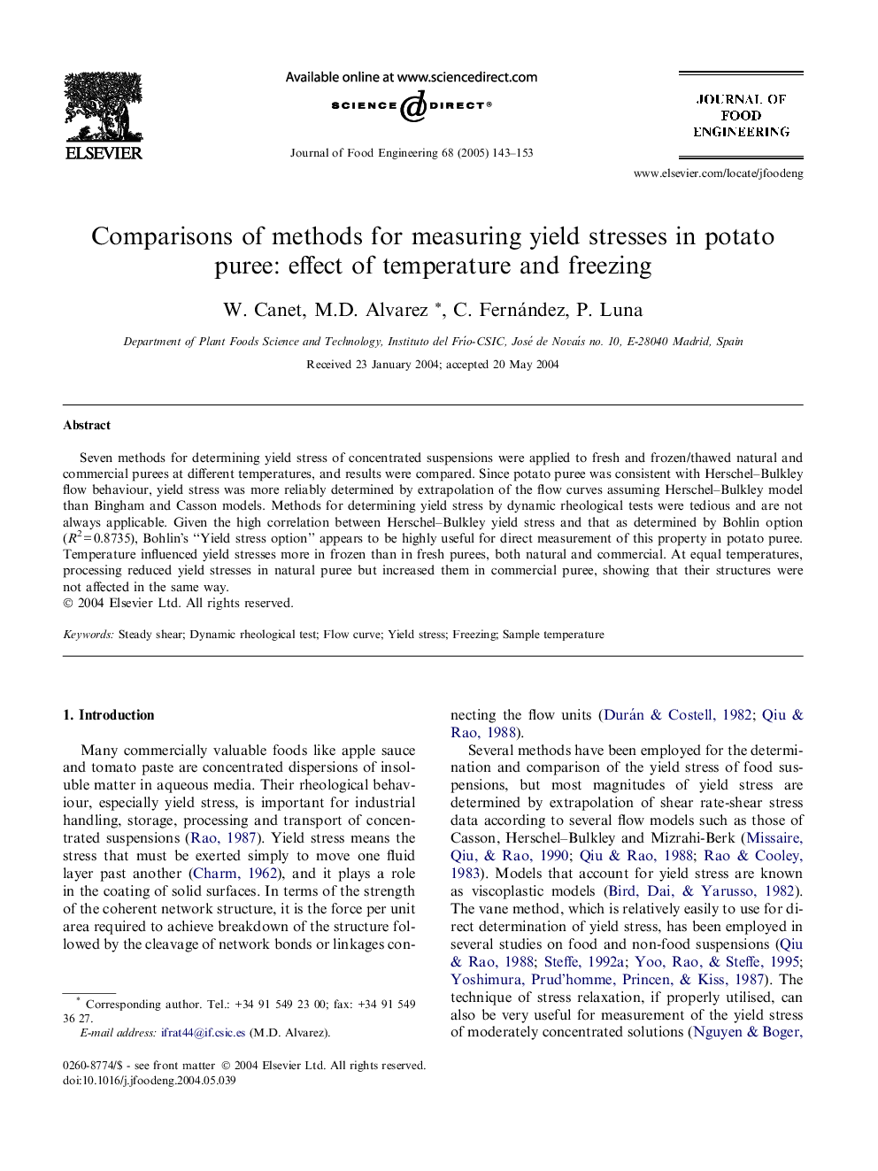 Comparisons of methods for measuring yield stresses in potato puree: effect of temperature and freezing