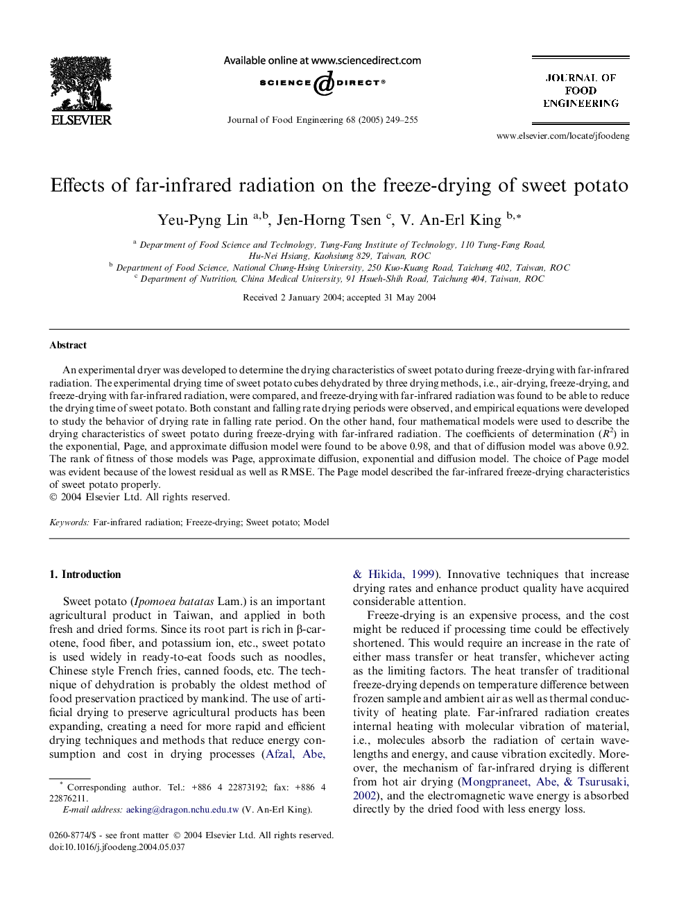 Effects of far-infrared radiation on the freeze-drying of sweet potato