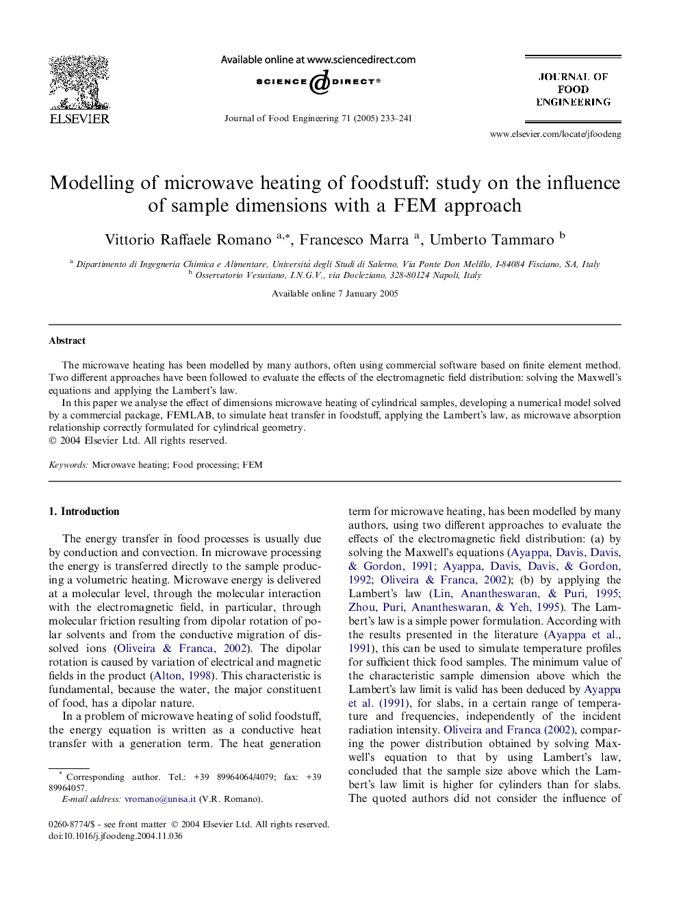 Modelling of microwave heating of foodstuff: study on the influence of sample dimensions with a FEM approach