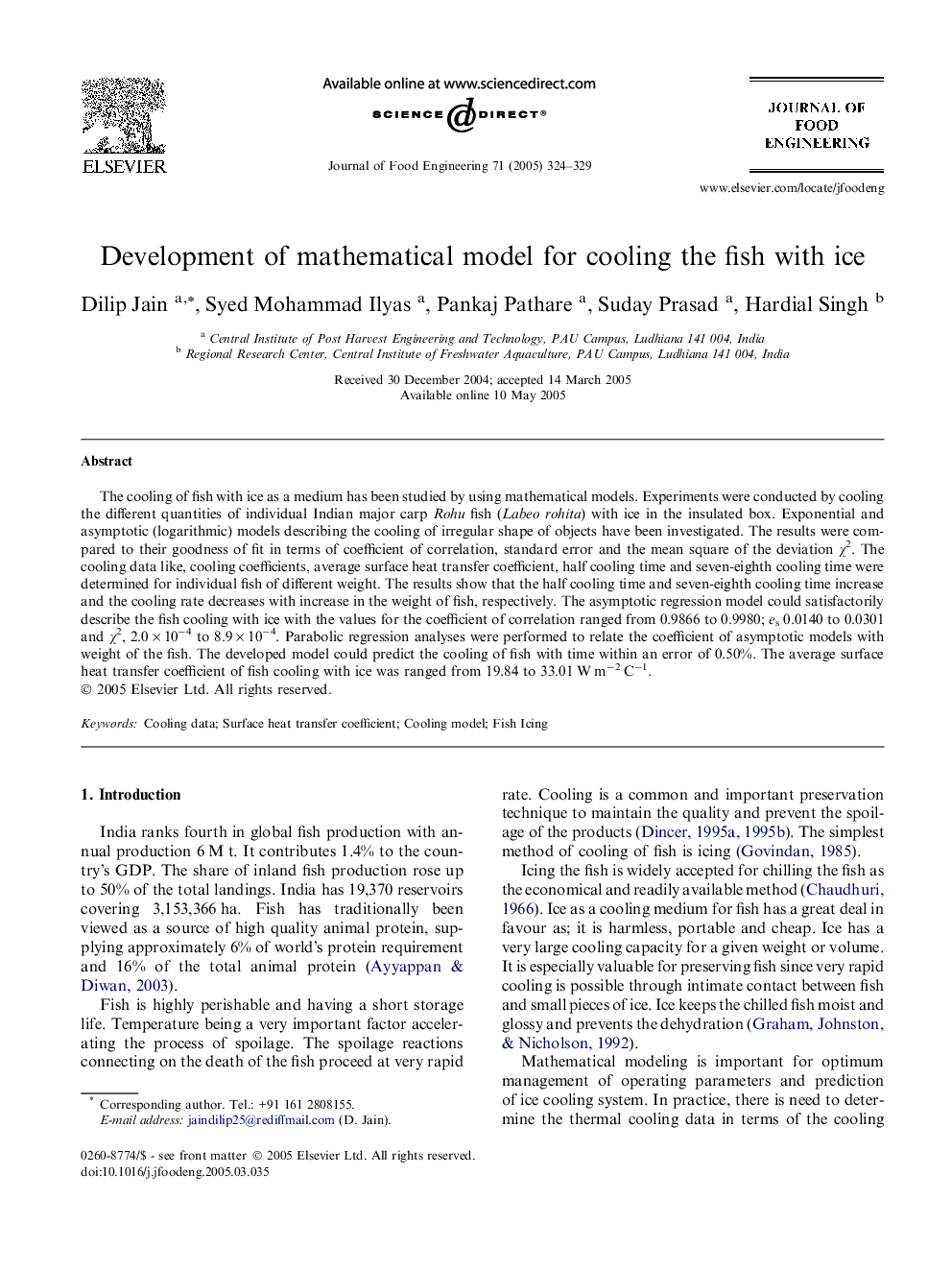 Development of mathematical model for cooling the fish with ice