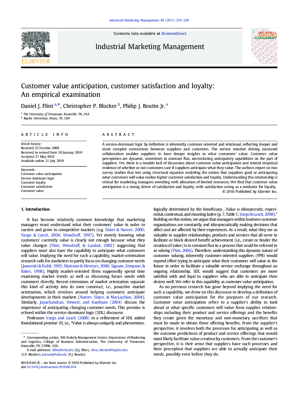 Customer value anticipation, customer satisfaction and loyalty: An empirical examination