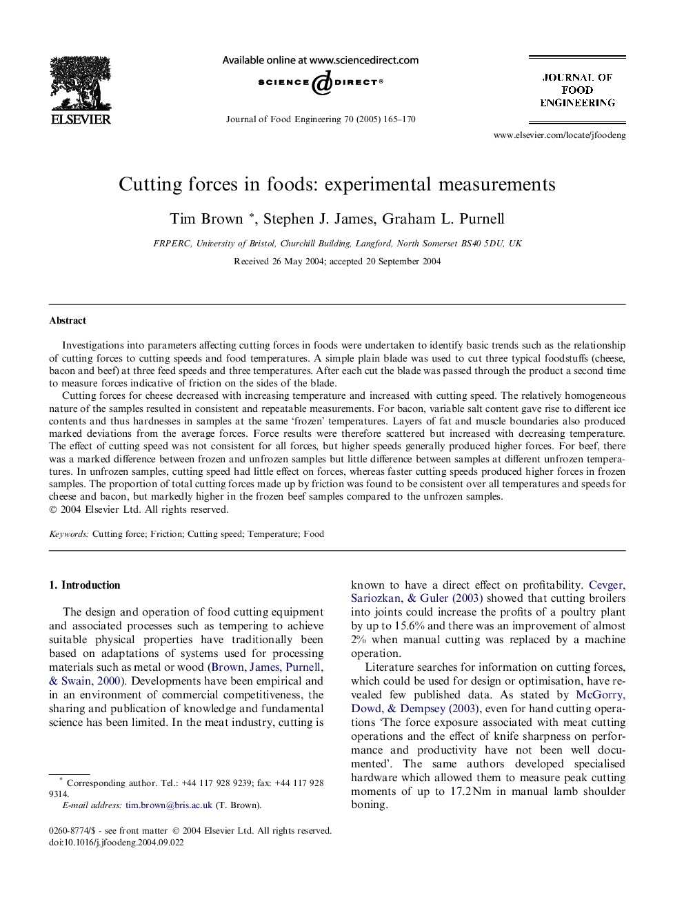 Cutting forces in foods: experimental measurements