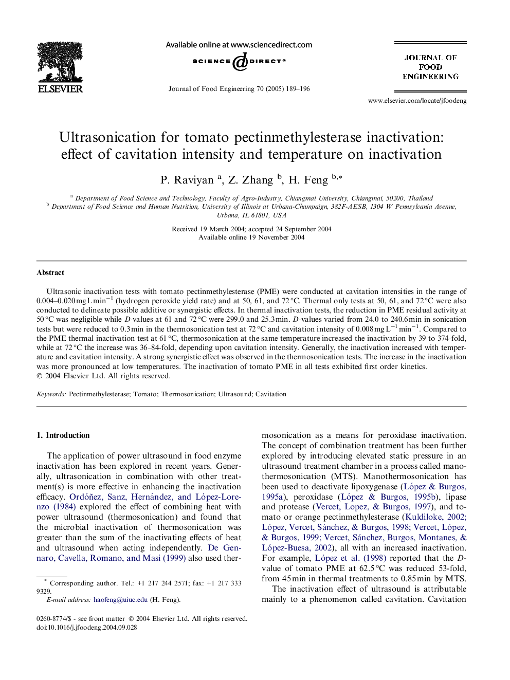 Ultrasonication for tomato pectinmethylesterase inactivation: effect of cavitation intensity and temperature on inactivation