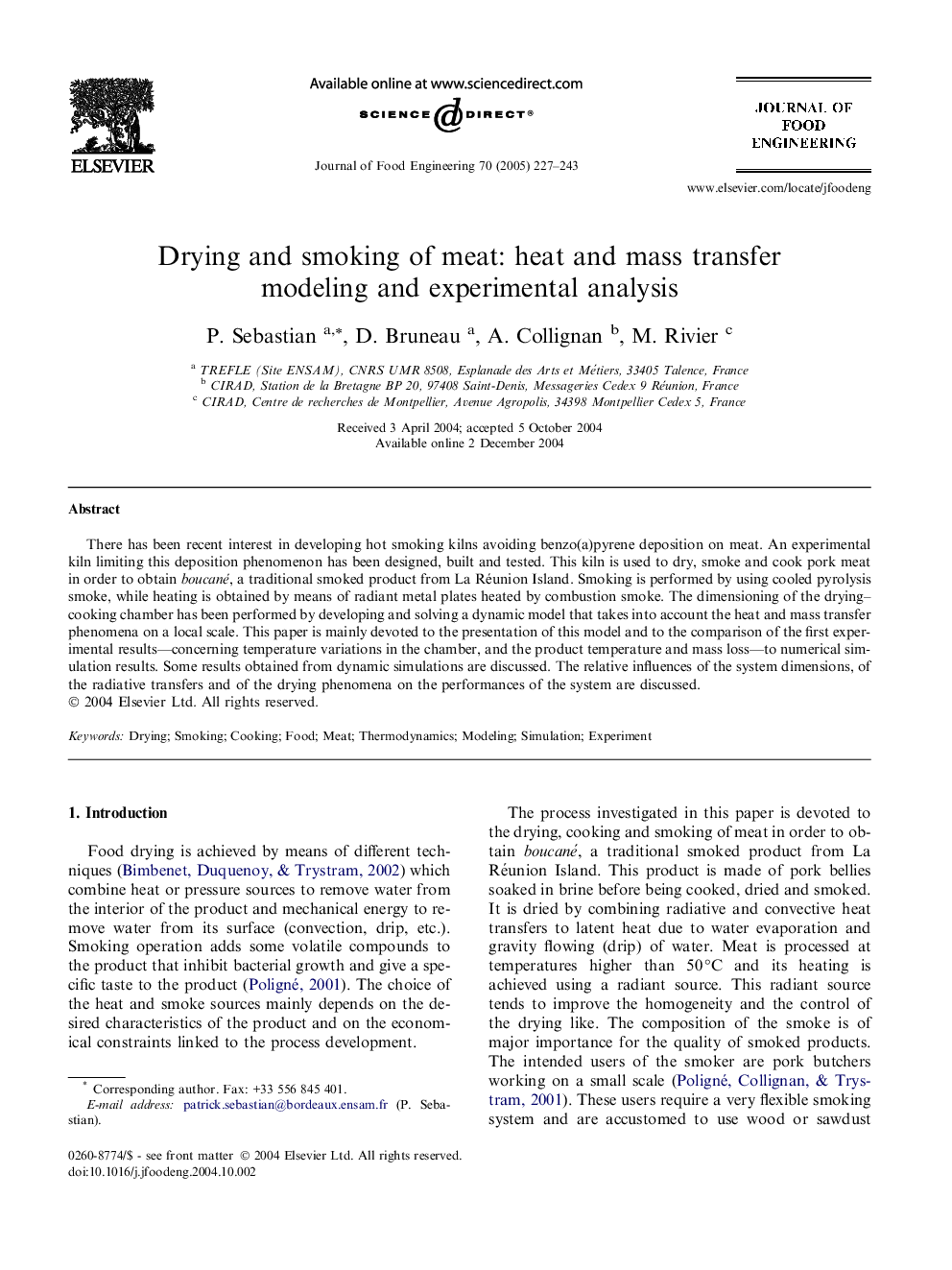 Drying and smoking of meat: heat and mass transfer modeling and experimental analysis