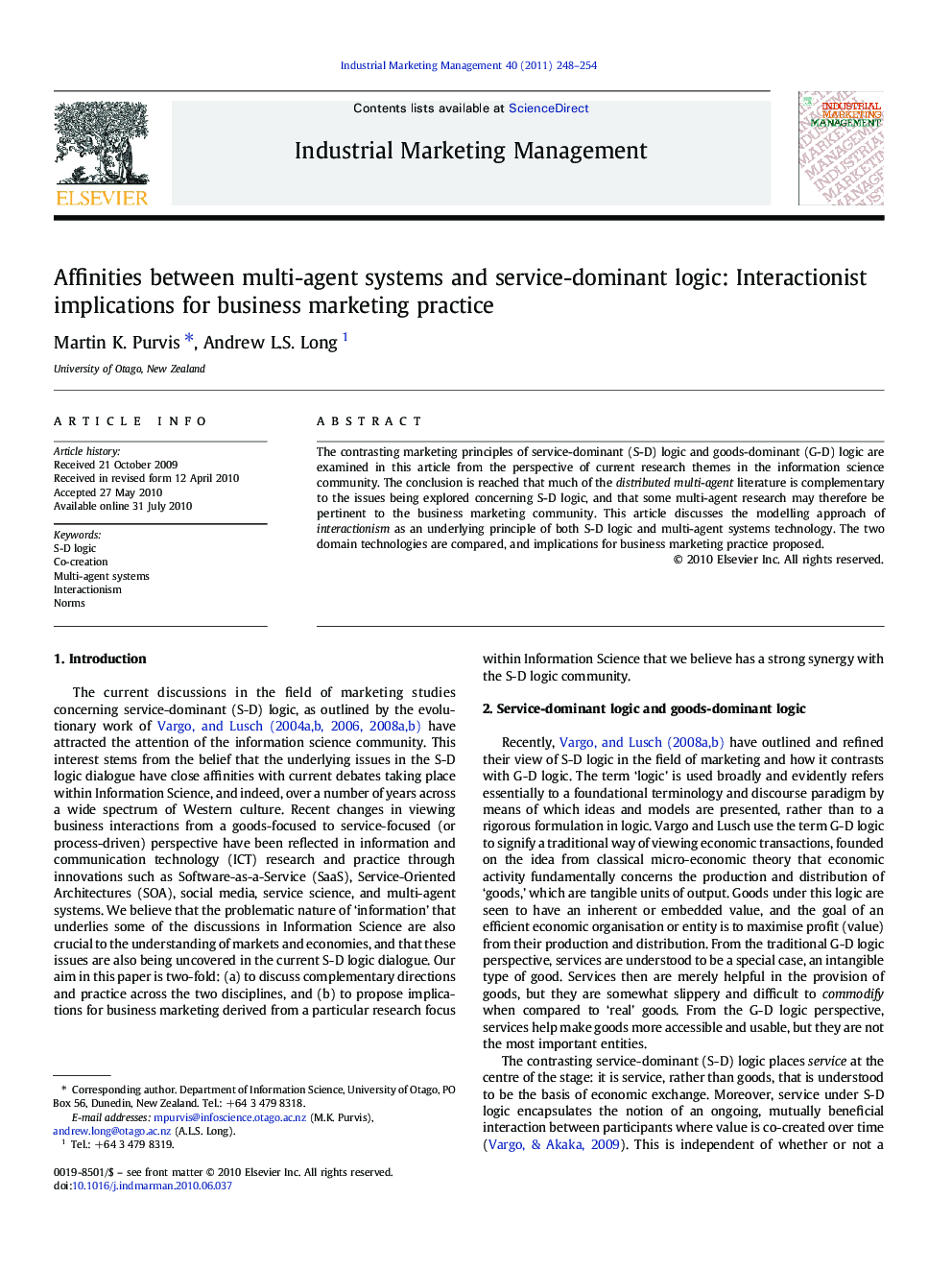 Affinities between multi-agent systems and service-dominant logic: Interactionist implications for business marketing practice