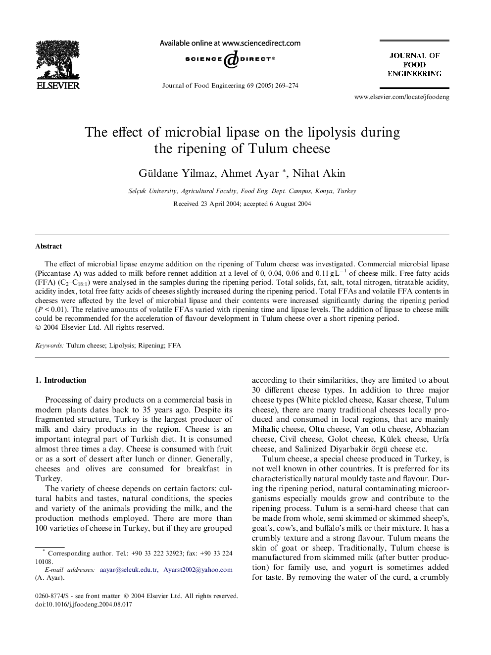 The effect of microbial lipase on the lipolysis during the ripening of Tulum cheese