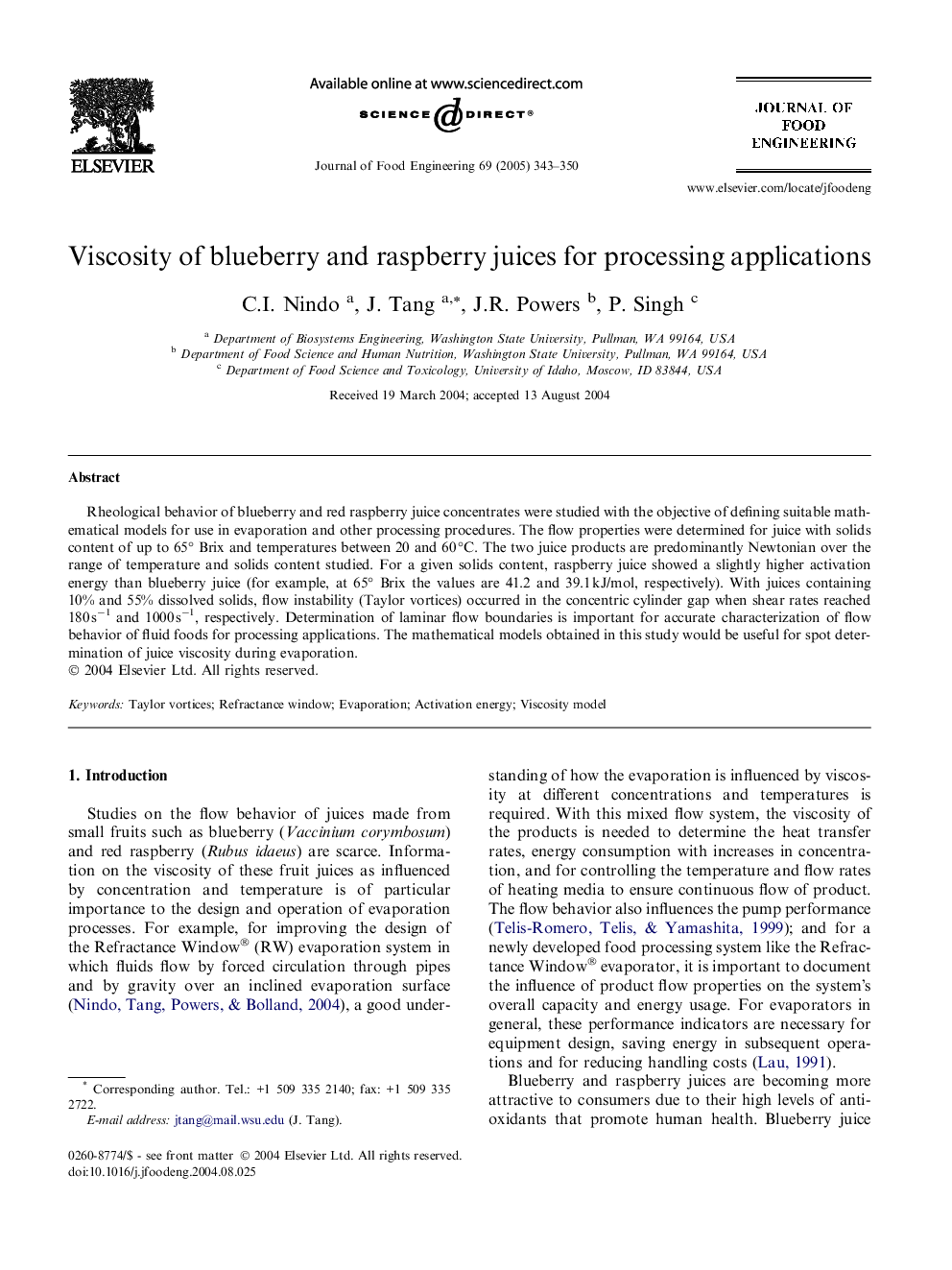 Viscosity of blueberry and raspberry juices for processing applications