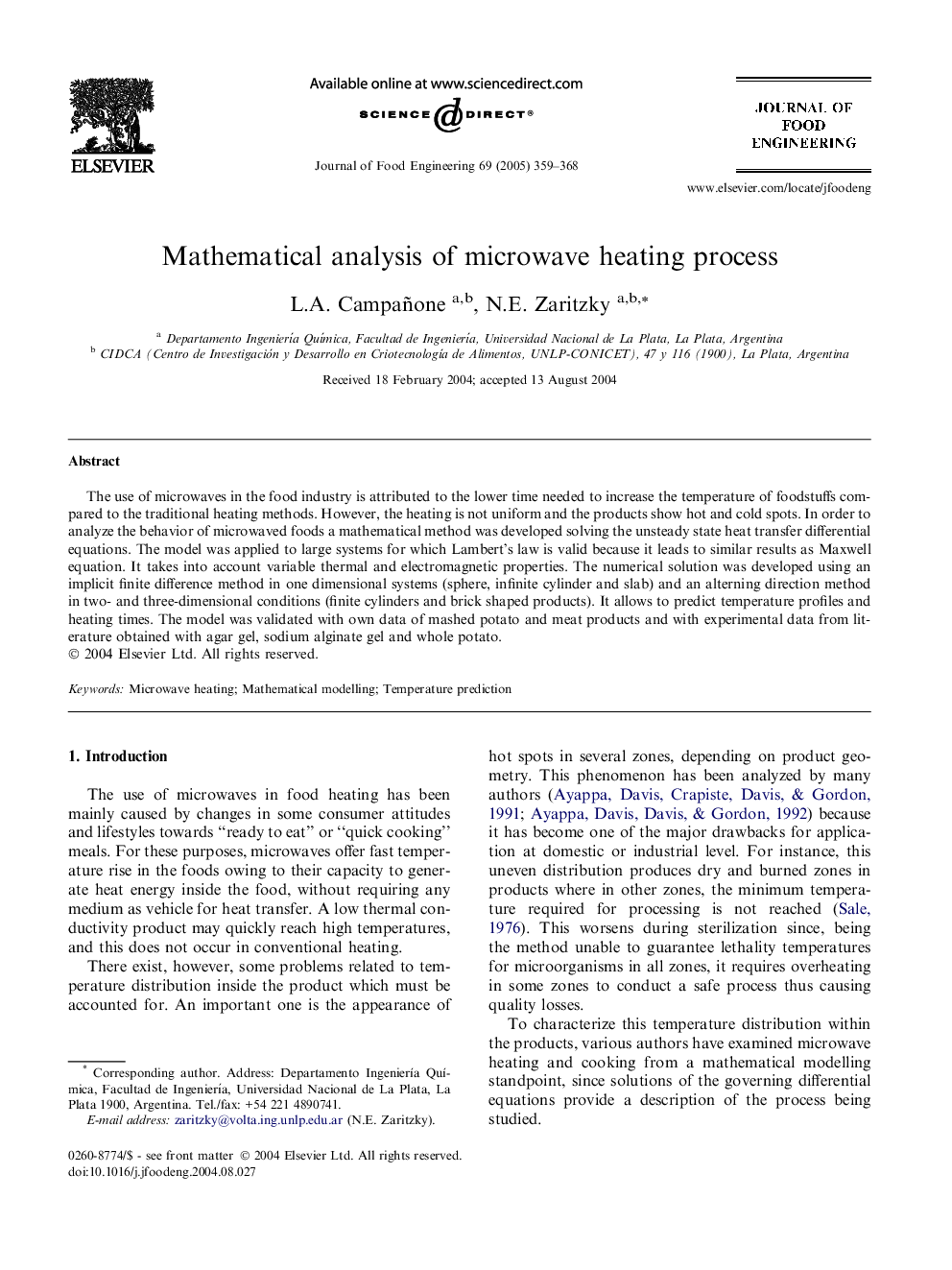 Mathematical analysis of microwave heating process