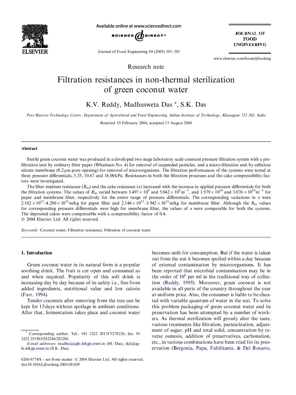 Filtration resistances in non-thermal sterilization of green coconut water