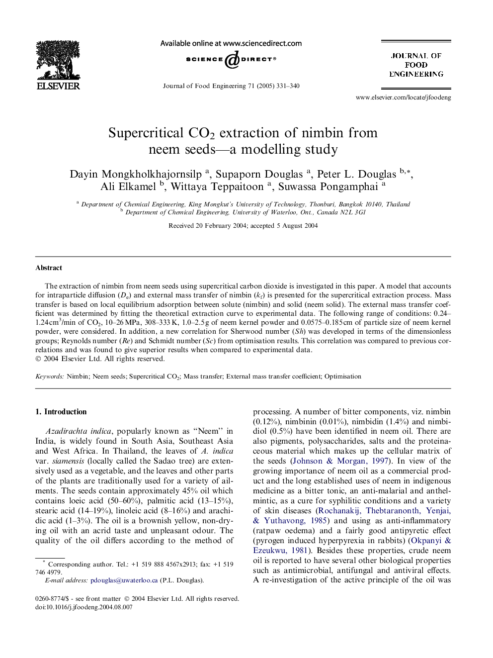 Supercritical CO2 extraction of nimbin from neem seeds--a modelling study