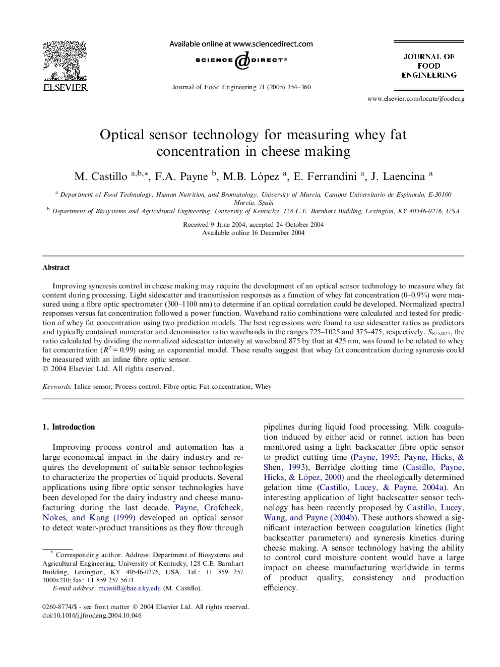 Optical sensor technology for measuring whey fat concentration in cheese making