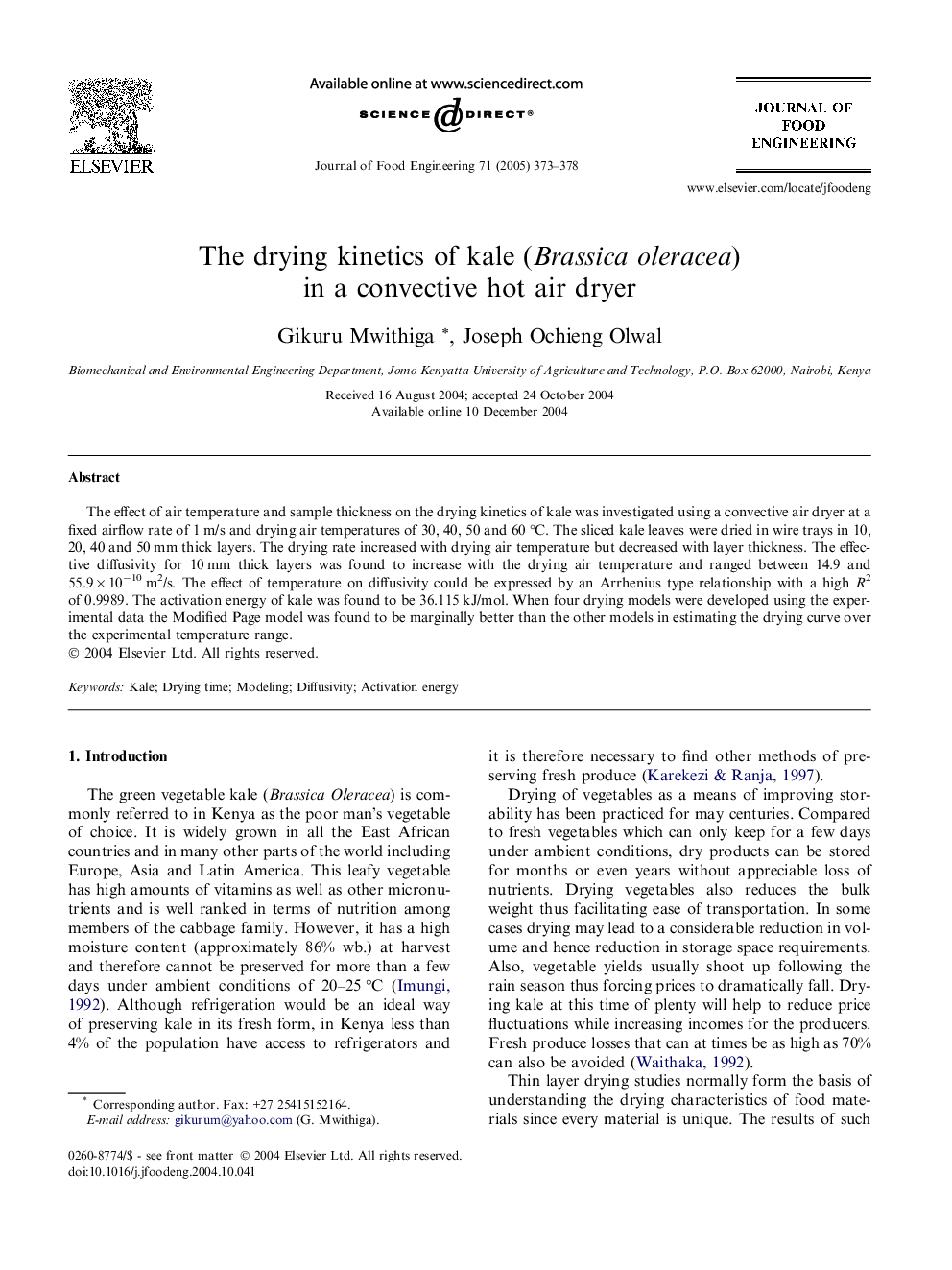 The drying kinetics of kale (Brassica oleracea) in a convective hot air dryer