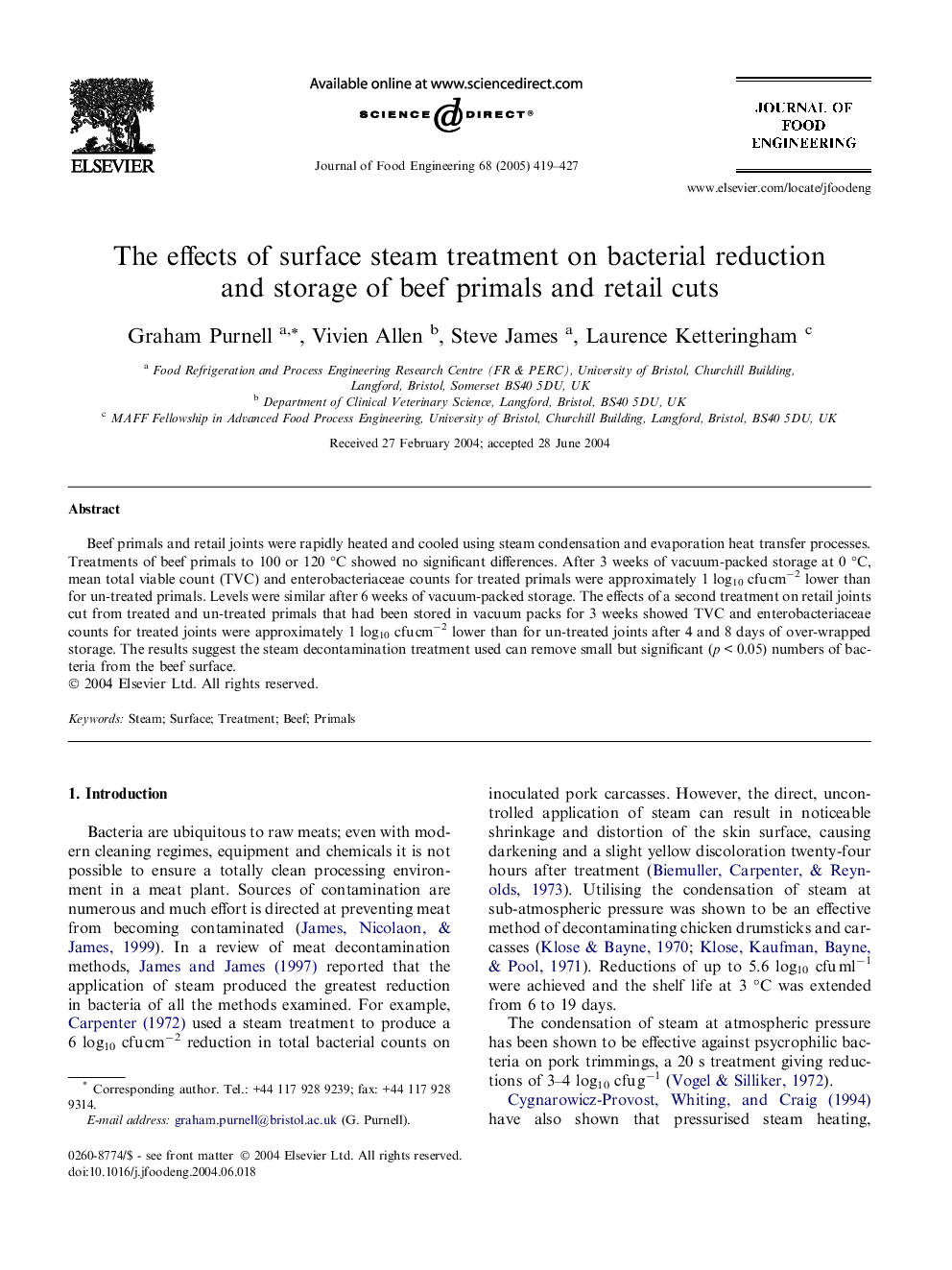 The effects of surface steam treatment on bacterial reduction and storage of beef primals and retail cuts