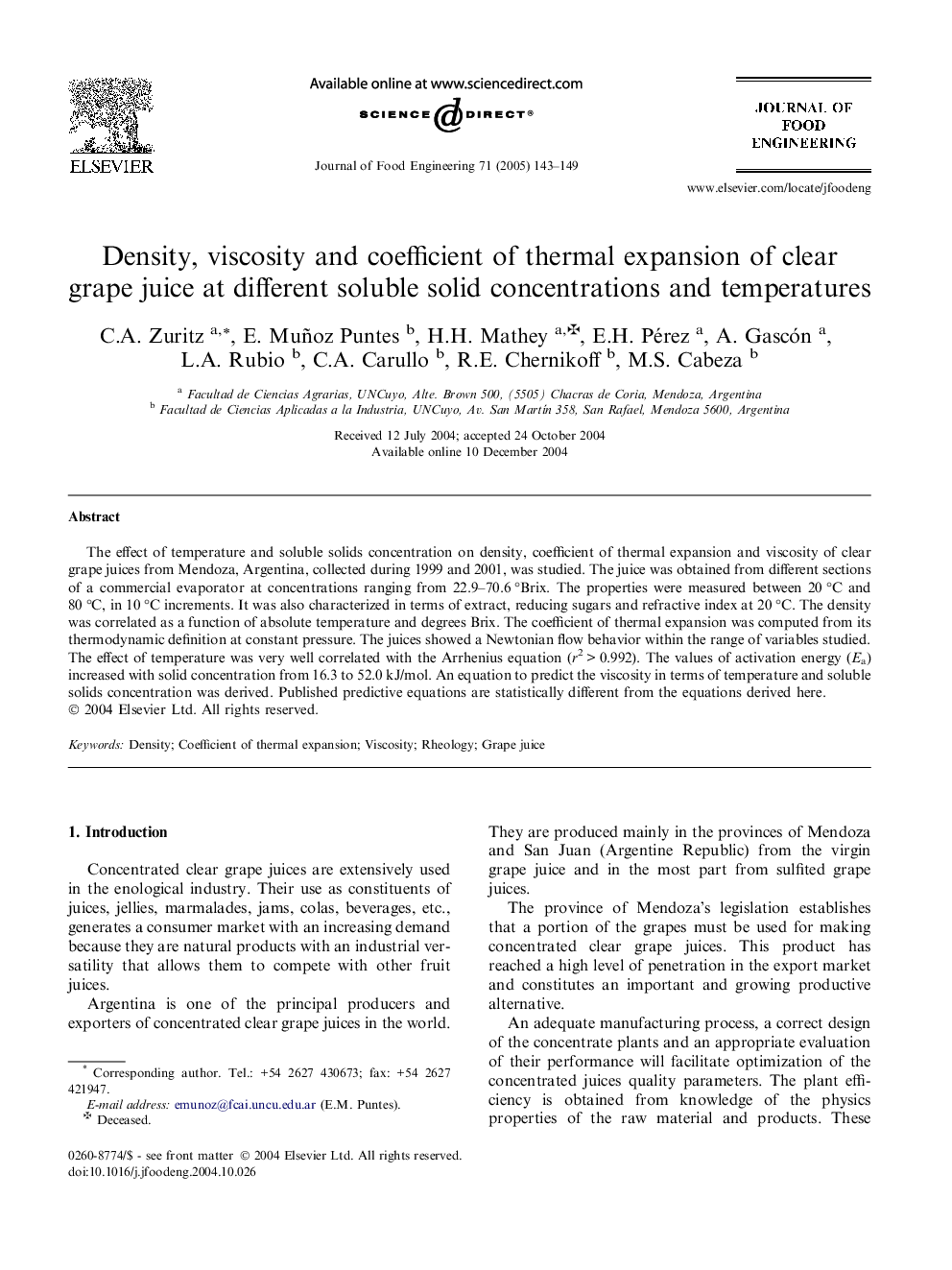 Density, viscosity and coefficient of thermal expansion of clear grape juice at different soluble solid concentrations and temperatures