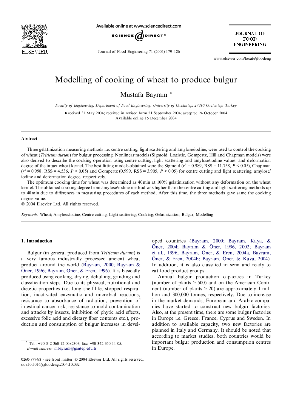 Modelling of cooking of wheat to produce bulgur