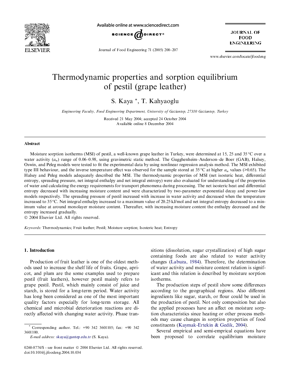 Thermodynamic properties and sorption equilibrium of pestil (grape leather)