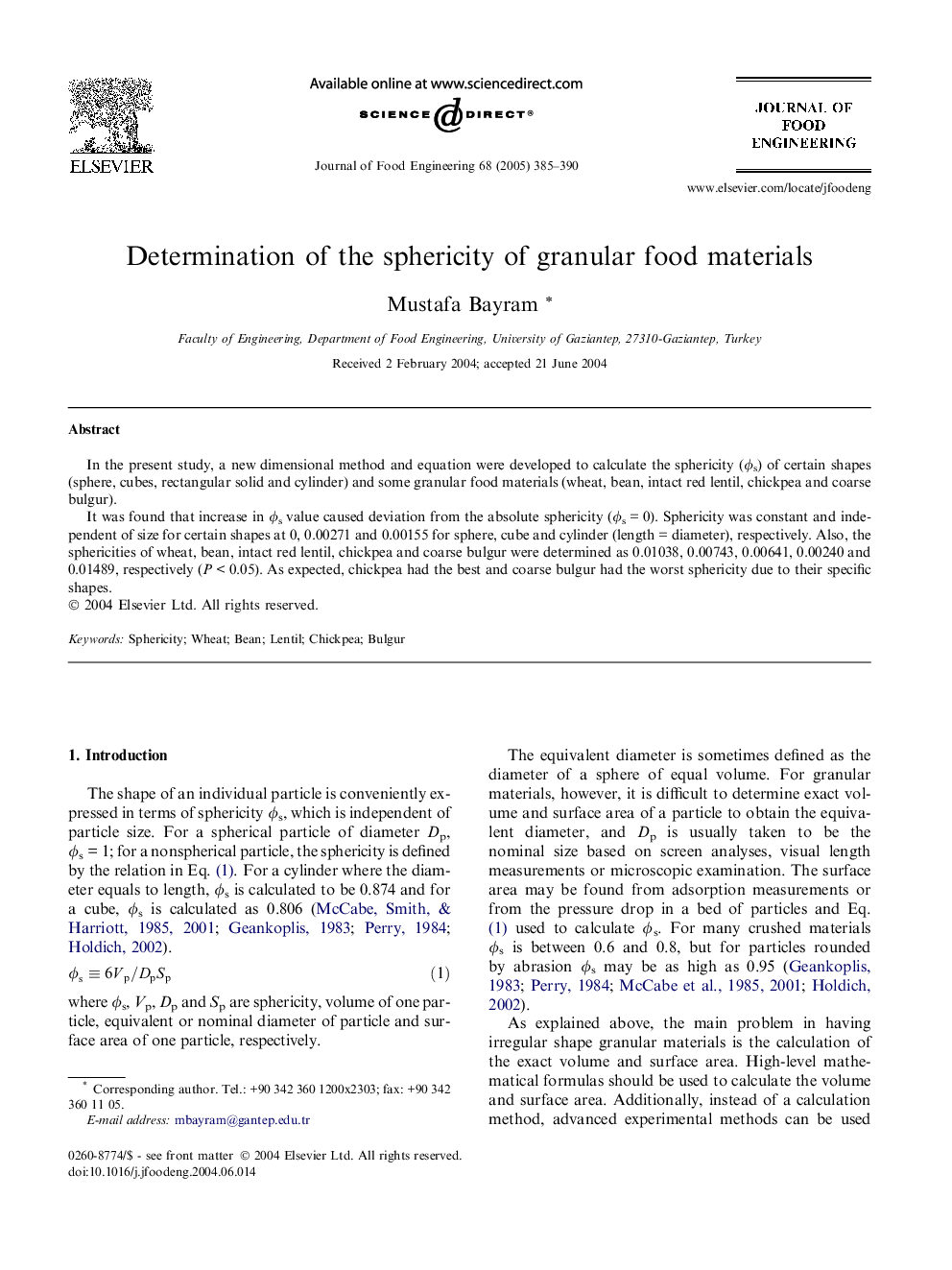 Determination of the sphericity of granular food materials