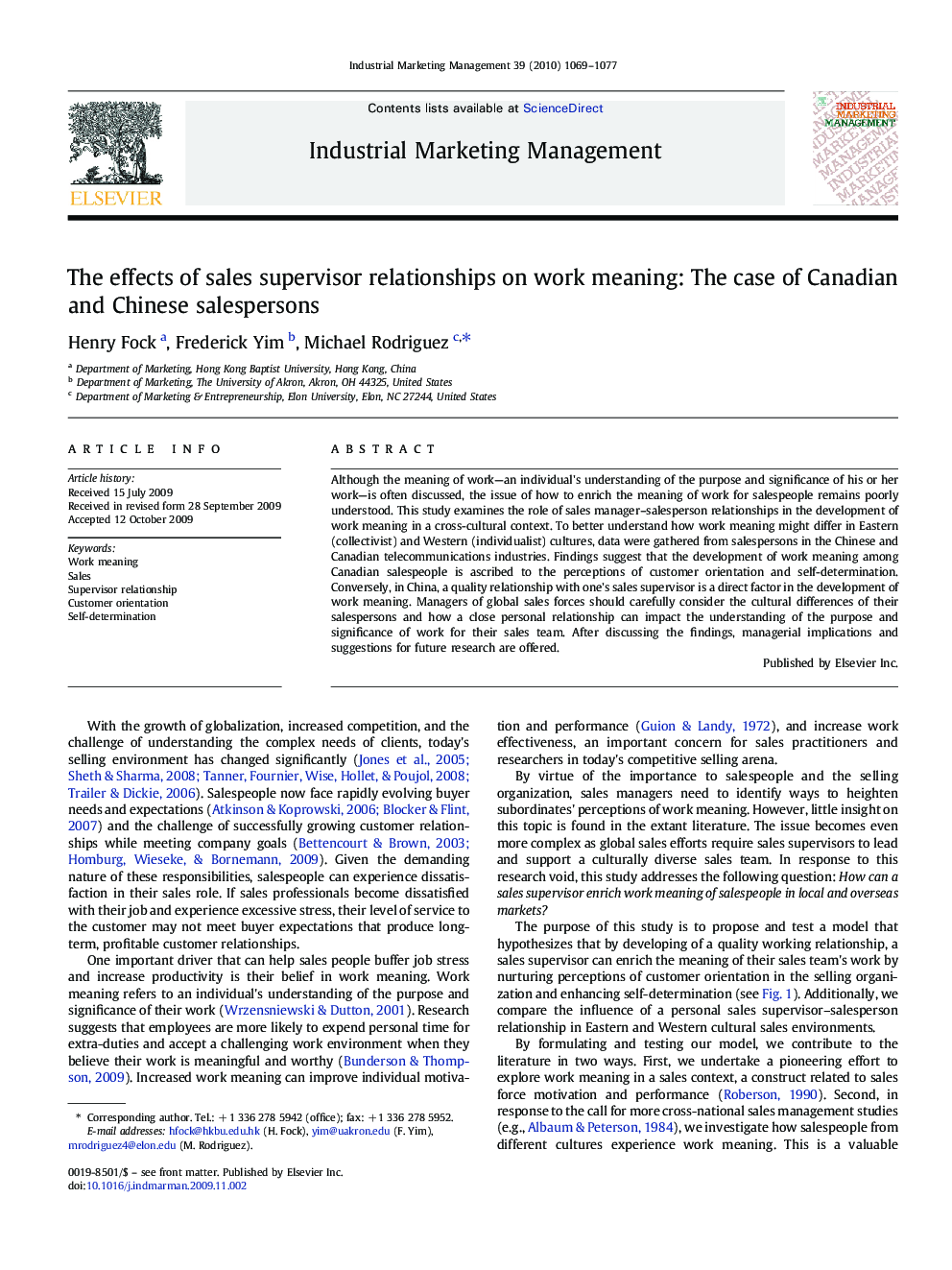 The effects of sales supervisor relationships on work meaning: The case of Canadian and Chinese salespersons