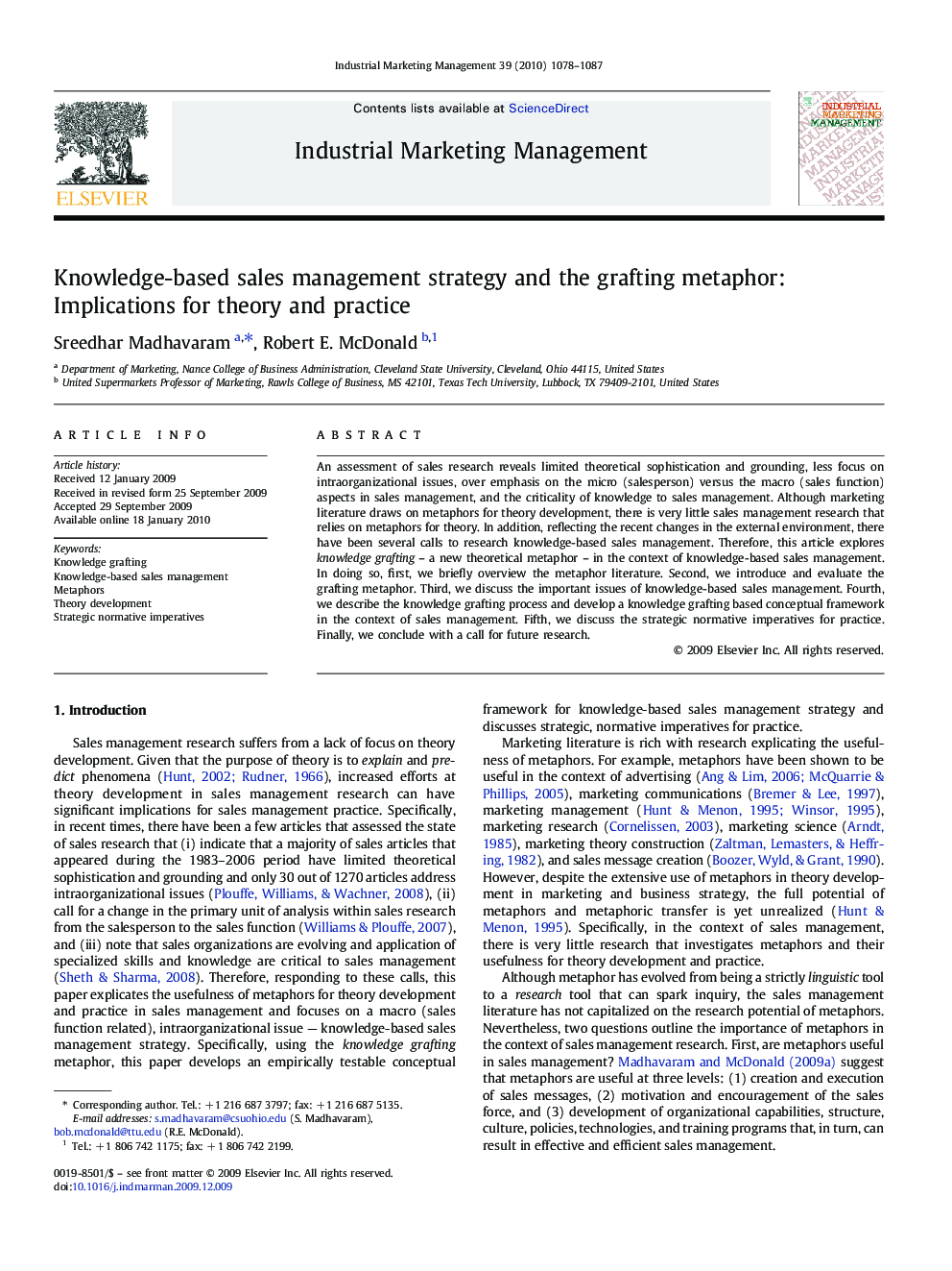 Knowledge-based sales management strategy and the grafting metaphor: Implications for theory and practice