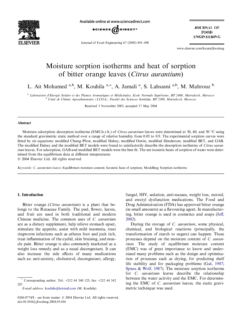 Moisture sorption isotherms and heat of sorption of bitter orange leaves (Citrus aurantium)
