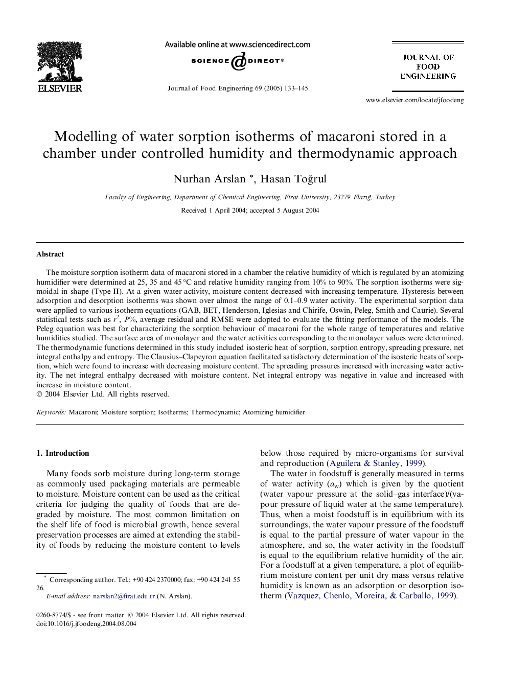 Modelling of water sorption isotherms of macaroni stored in a chamber under controlled humidity and thermodynamic approach