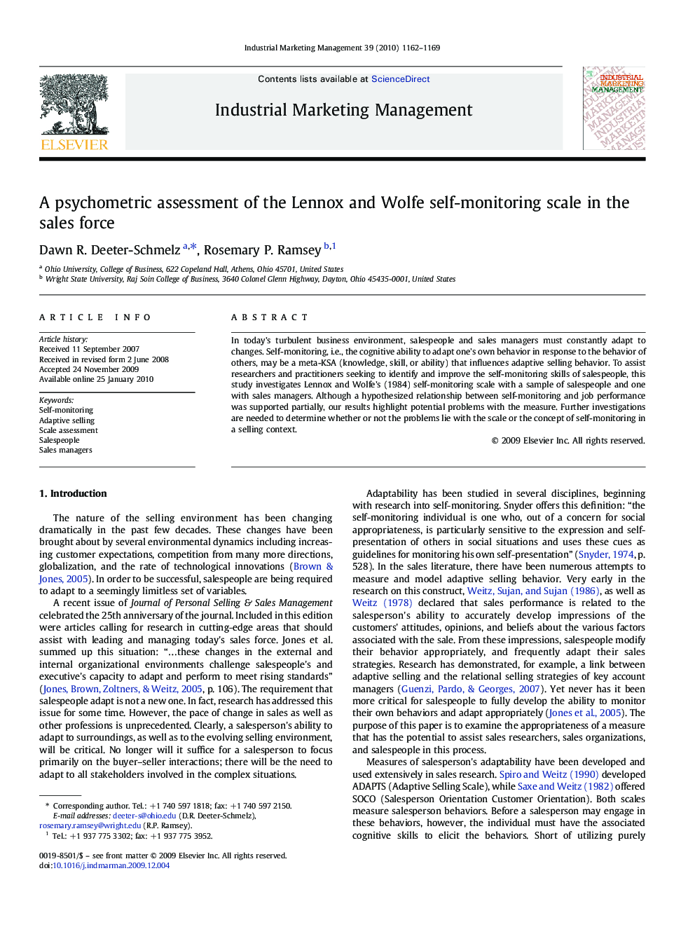 A psychometric assessment of the Lennox and Wolfe self-monitoring scale in the sales force