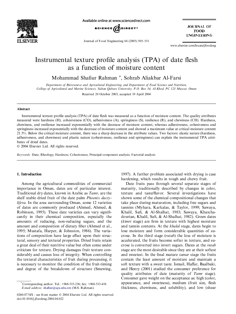 Instrumental texture profile analysis (TPA) of date flesh as a function of moisture content