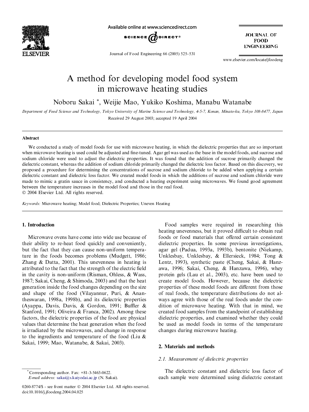 A method for developing model food system in microwave heating studies