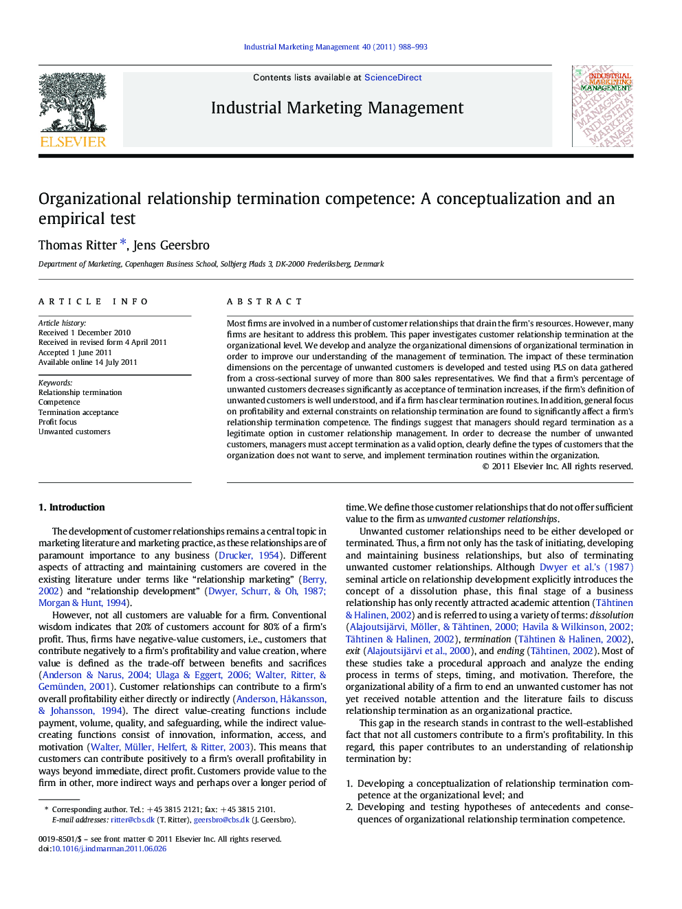 Organizational relationship termination competence: A conceptualization and an empirical test