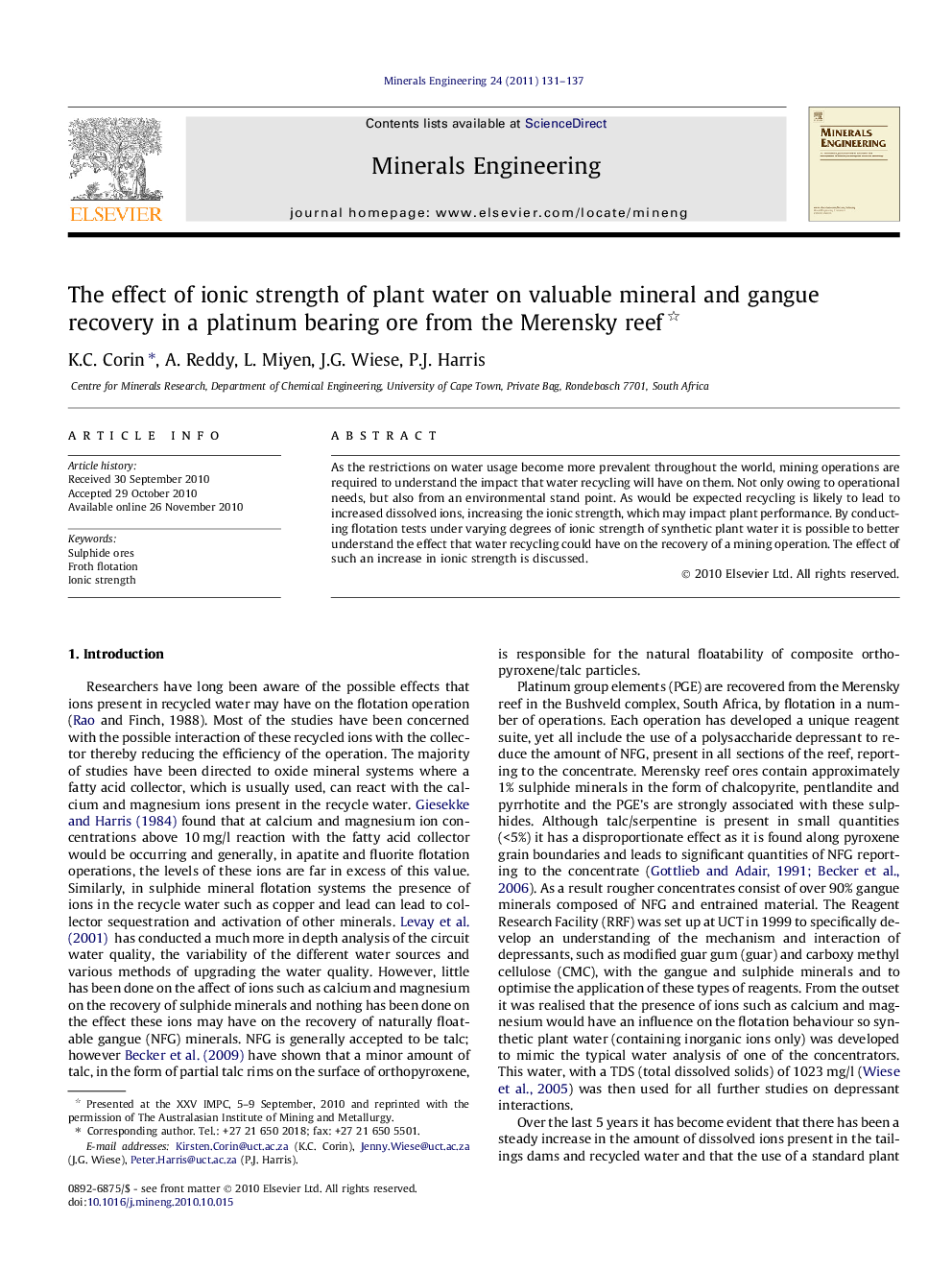 The effect of ionic strength of plant water on valuable mineral and gangue recovery in a platinum bearing ore from the Merensky reef