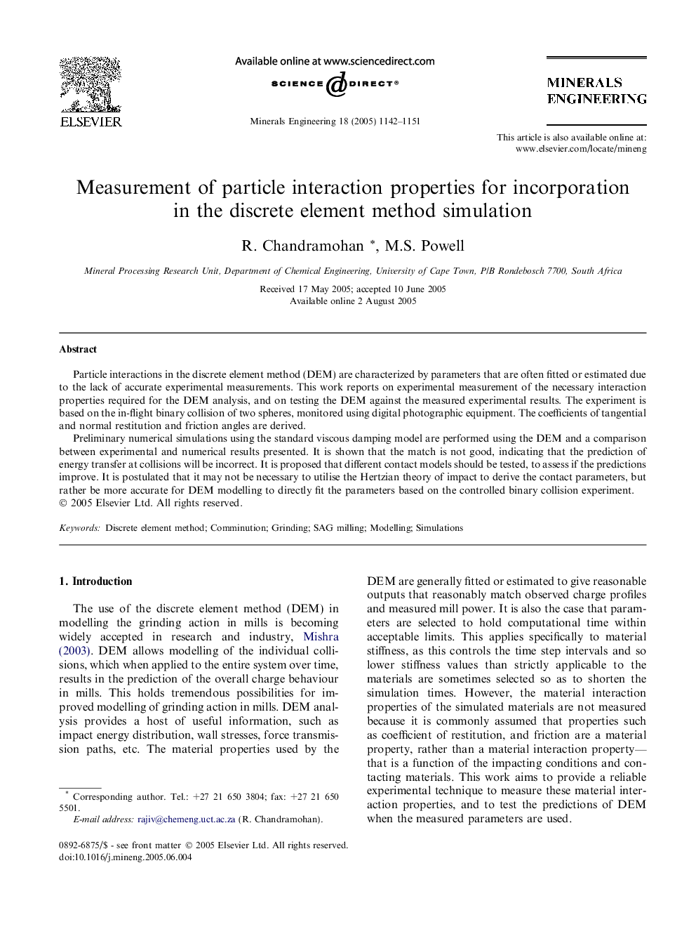 Measurement of particle interaction properties for incorporation in the discrete element method simulation