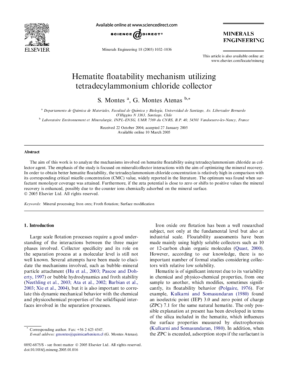 Hematite floatability mechanism utilizing tetradecylammonium chloride collector