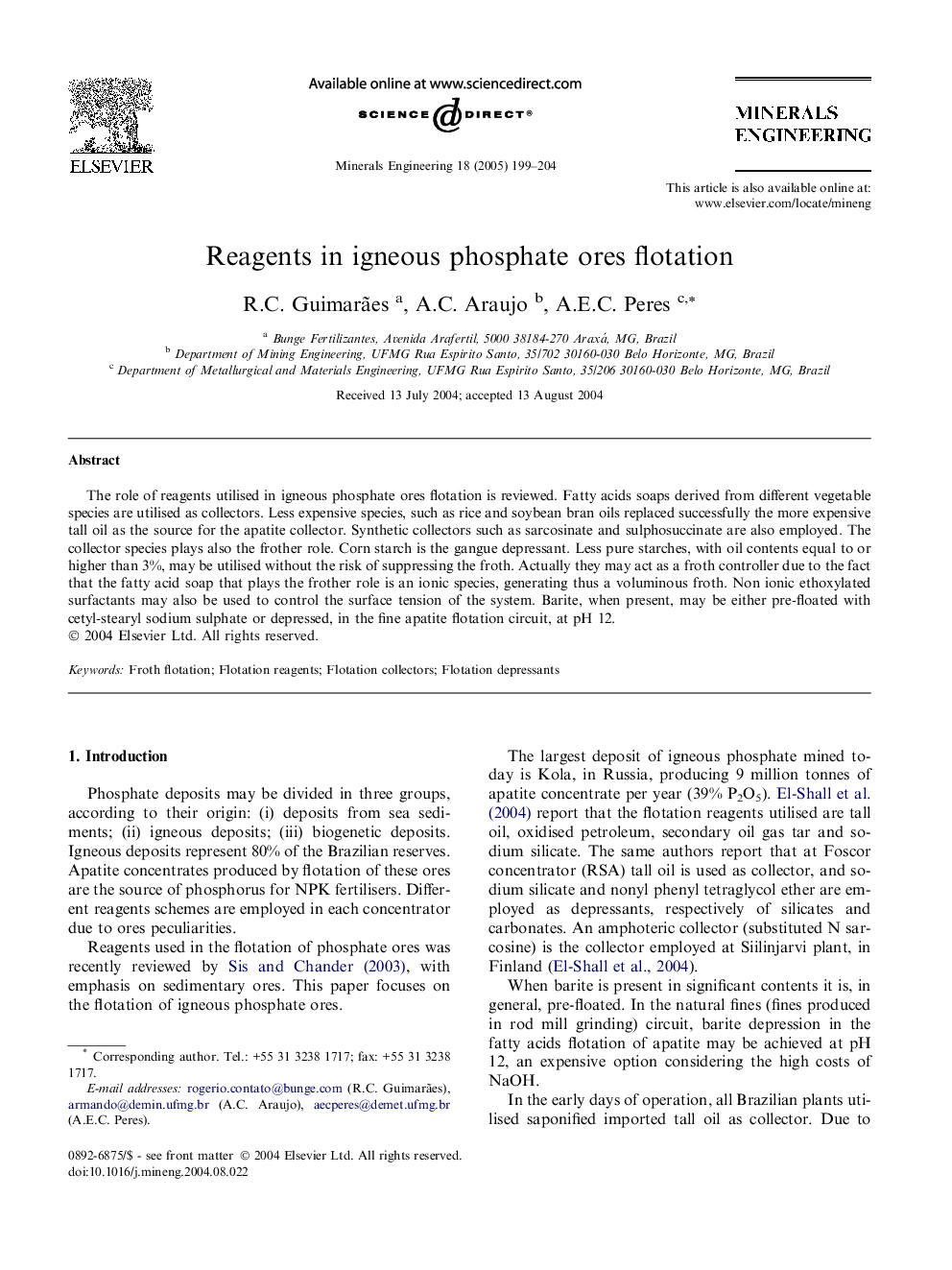 Reagents in igneous phosphate ores flotation