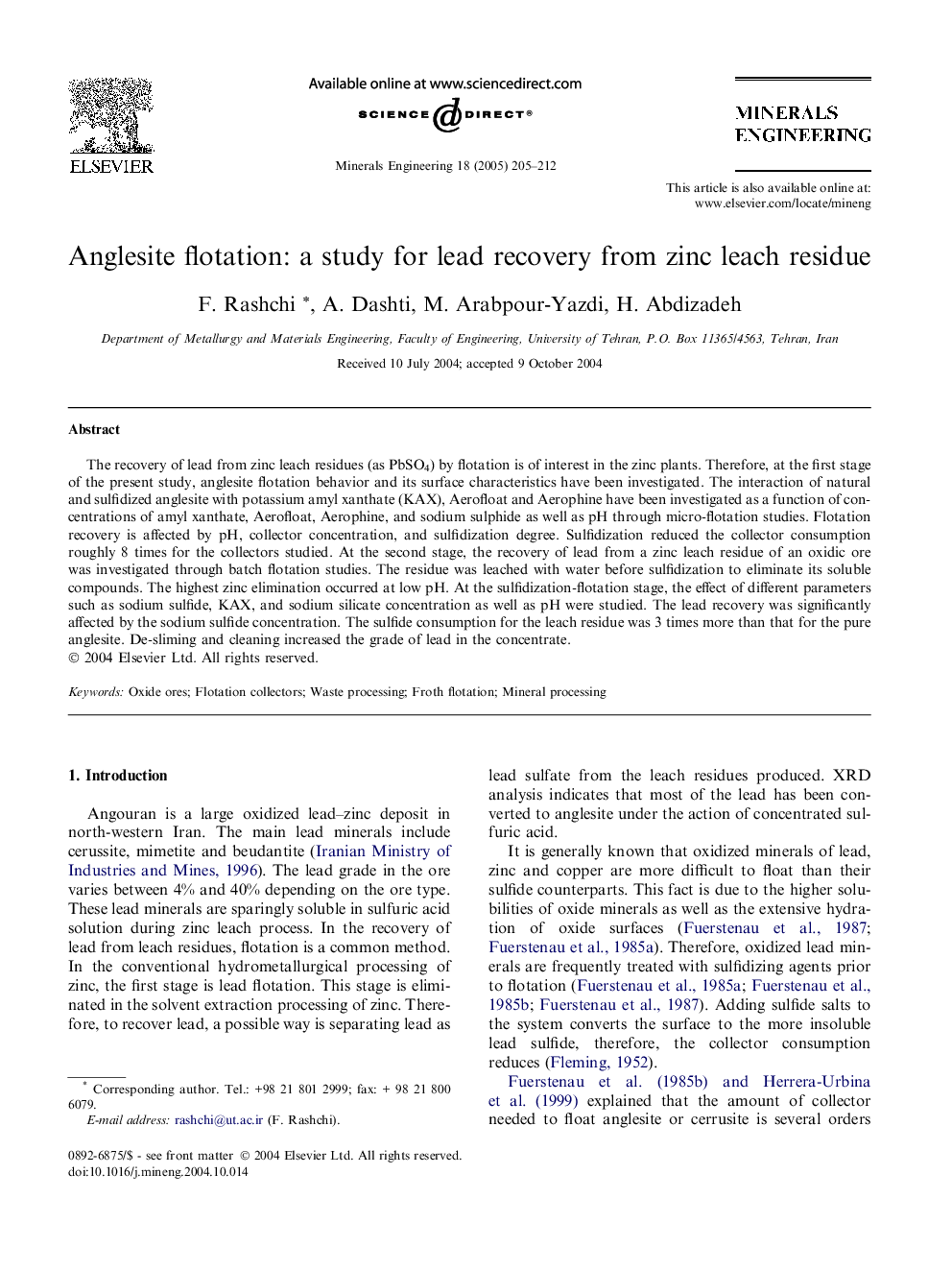 Anglesite flotation: a study for lead recovery from zinc leach residue