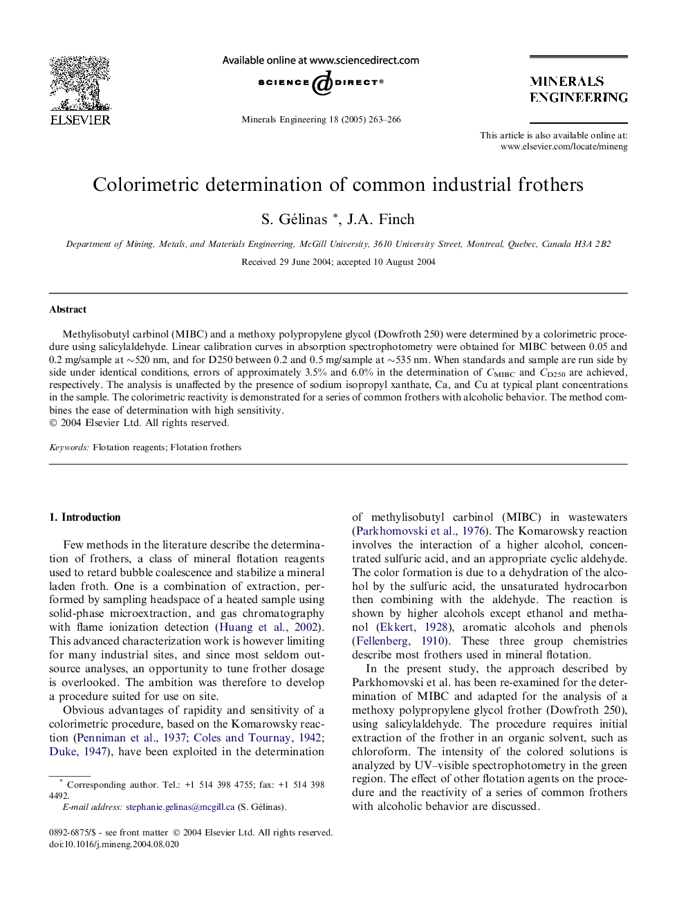 Colorimetric determination of common industrial frothers