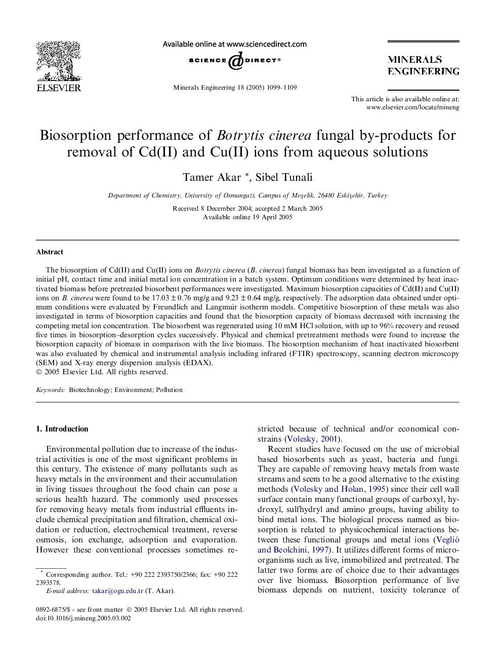 Biosorption performance of Botrytis cinerea fungal by-products for removal of Cd(II) and Cu(II) ions from aqueous solutions