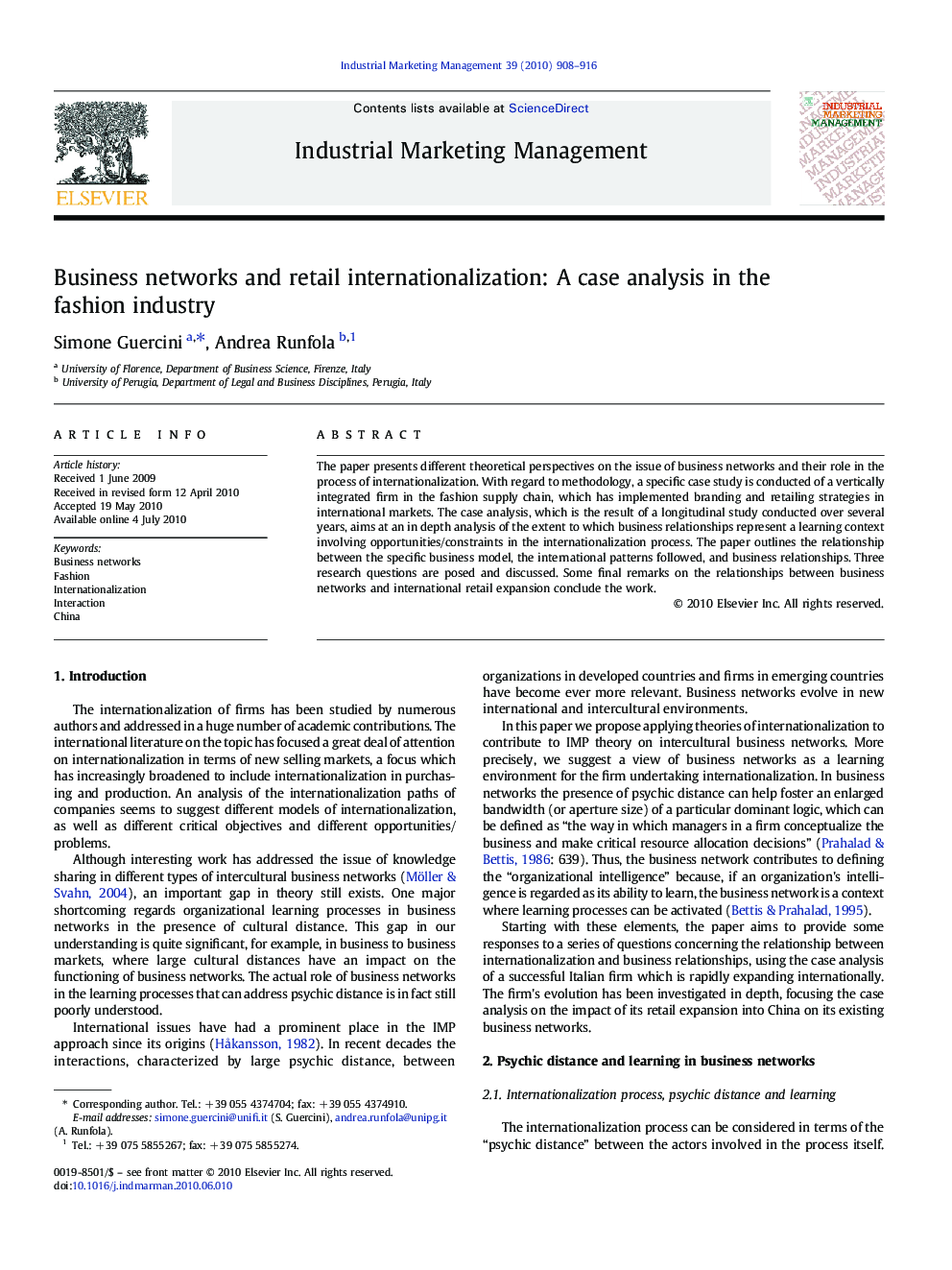 Business networks and retail internationalization: A case analysis in the fashion industry