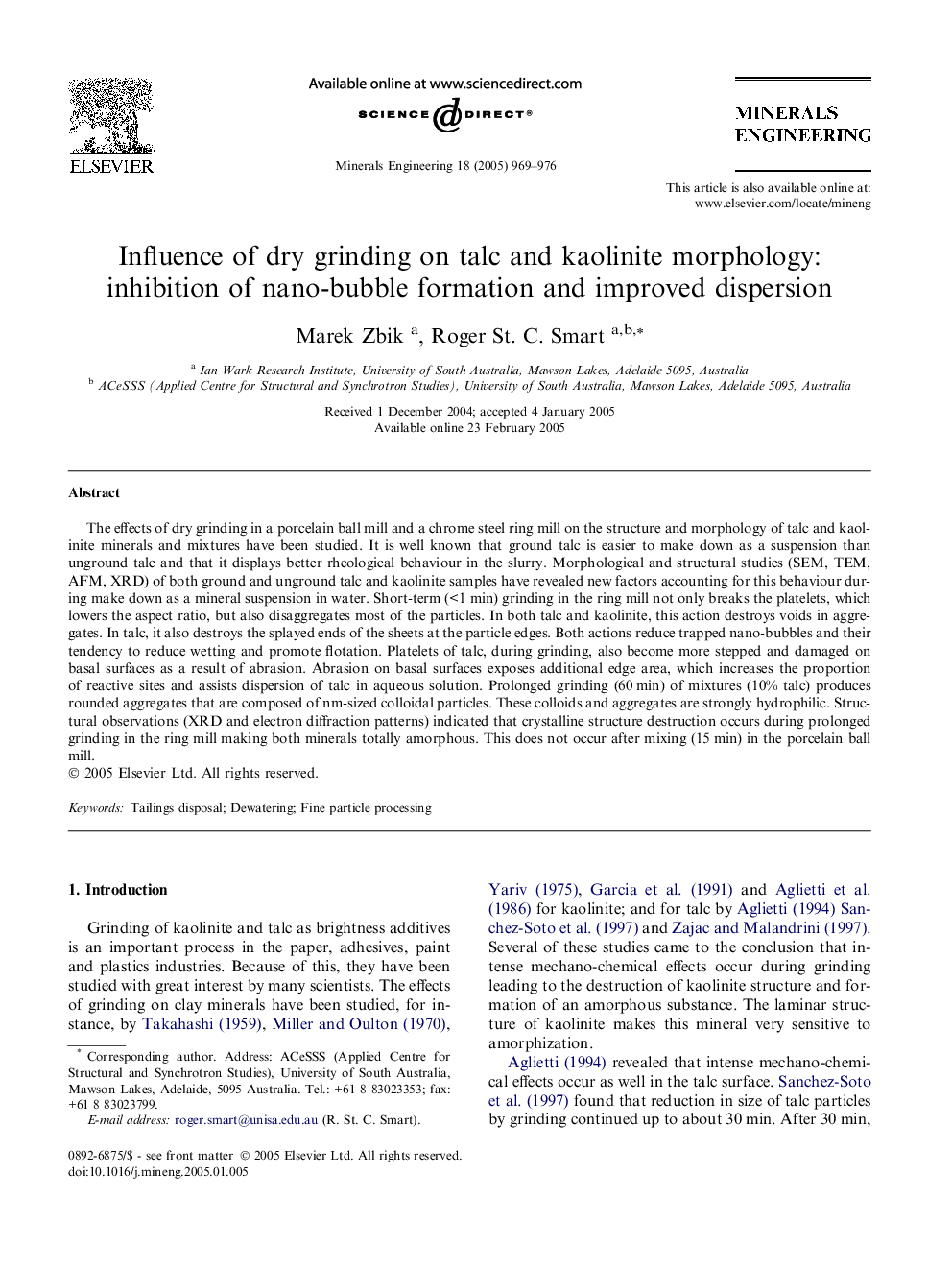 Influence of dry grinding on talc and kaolinite morphology: inhibition of nano-bubble formation and improved dispersion