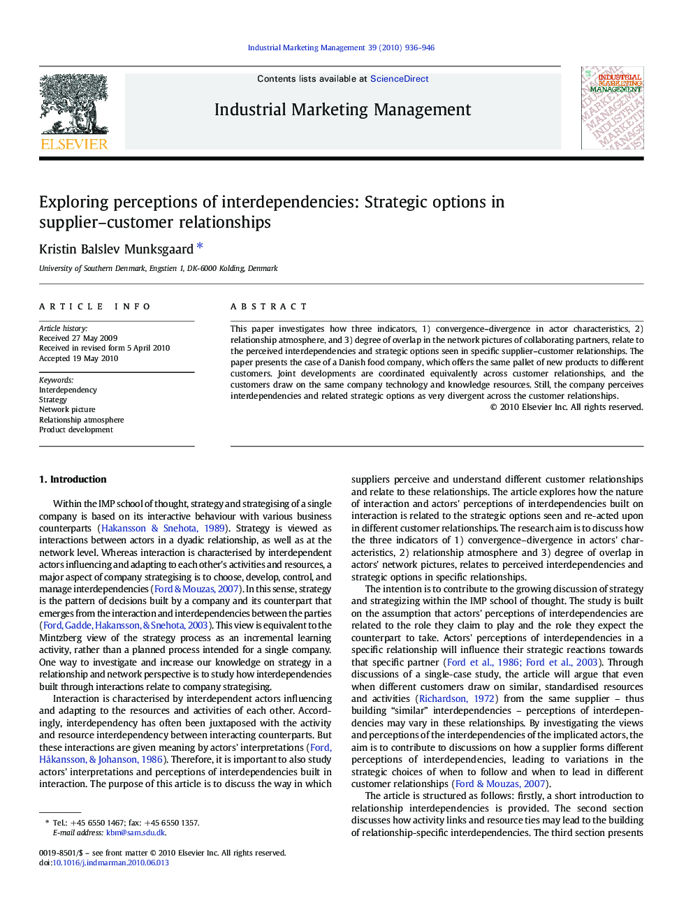 Exploring perceptions of interdependencies: Strategic options in supplier–customer relationships