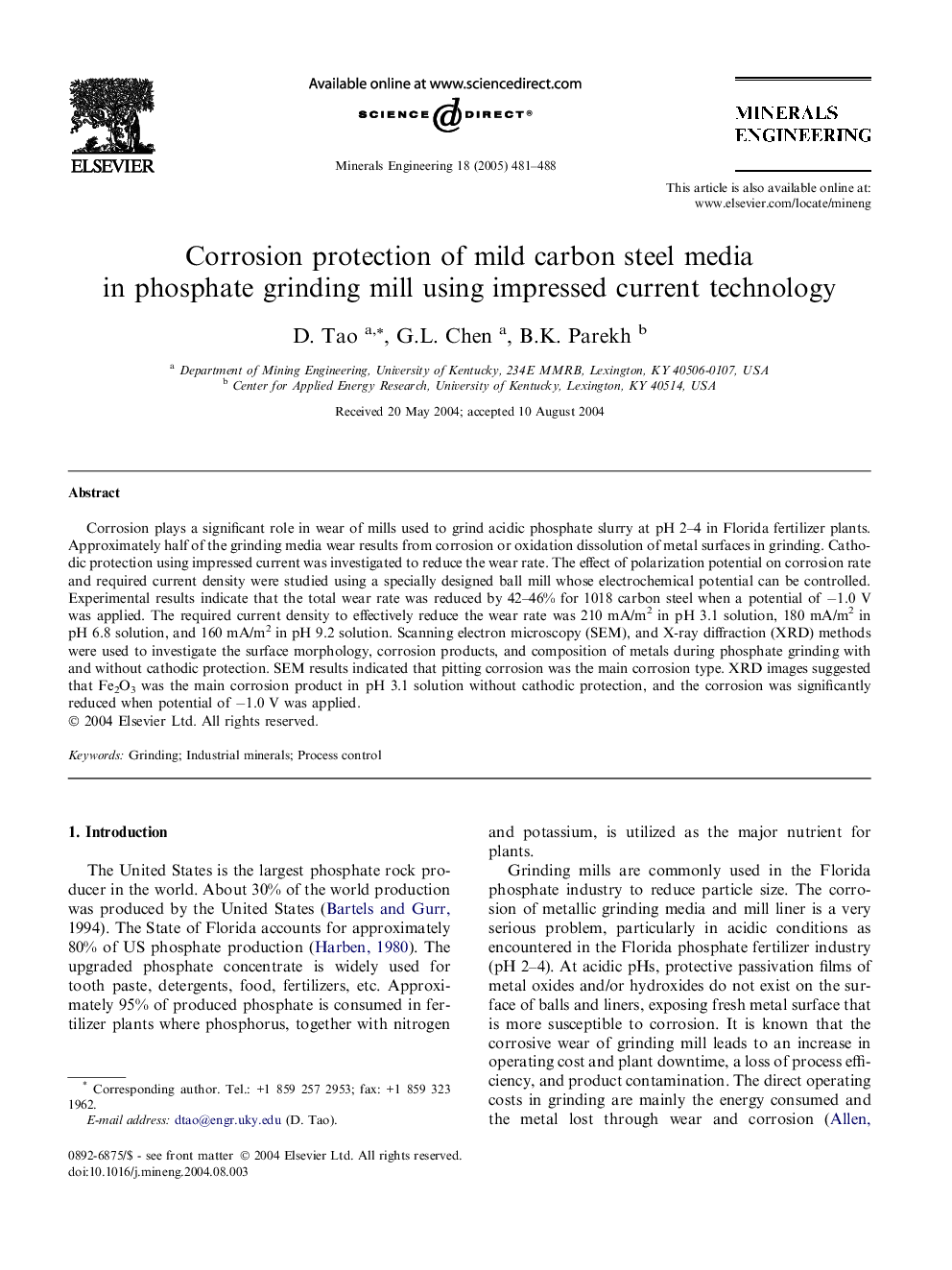 Corrosion protection of mild carbon steel media in phosphate grinding mill using impressed current technology